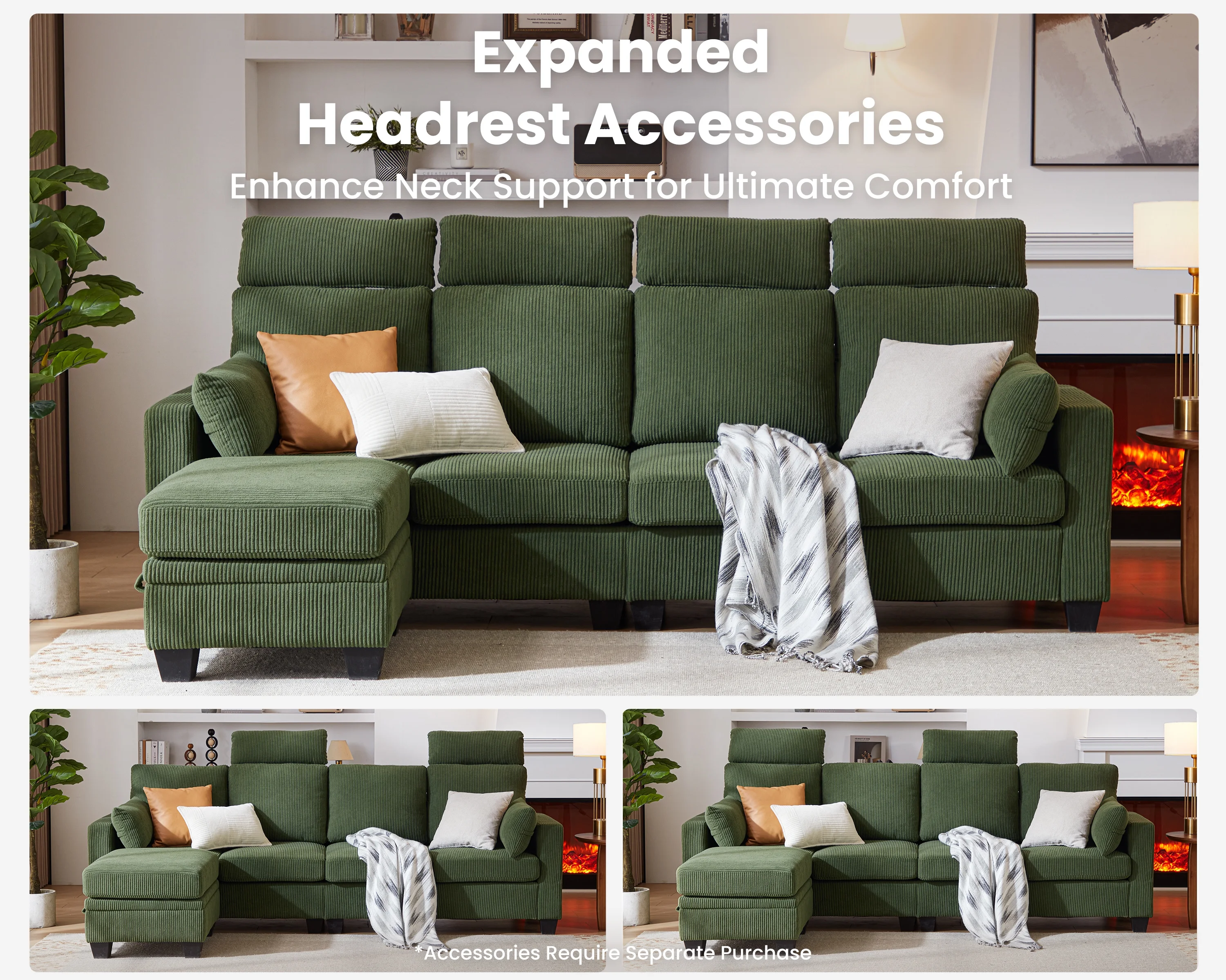 CHIC HOUSE 154.5" Sectional Sofa with Storage Ottoman Chaise, Corduroy U Shaped Sofa Convertible Sectional Couches for Living Room, 12 Seater Corner Modular Sofa with Deep Seat Throw Pillows, Green - Image 9