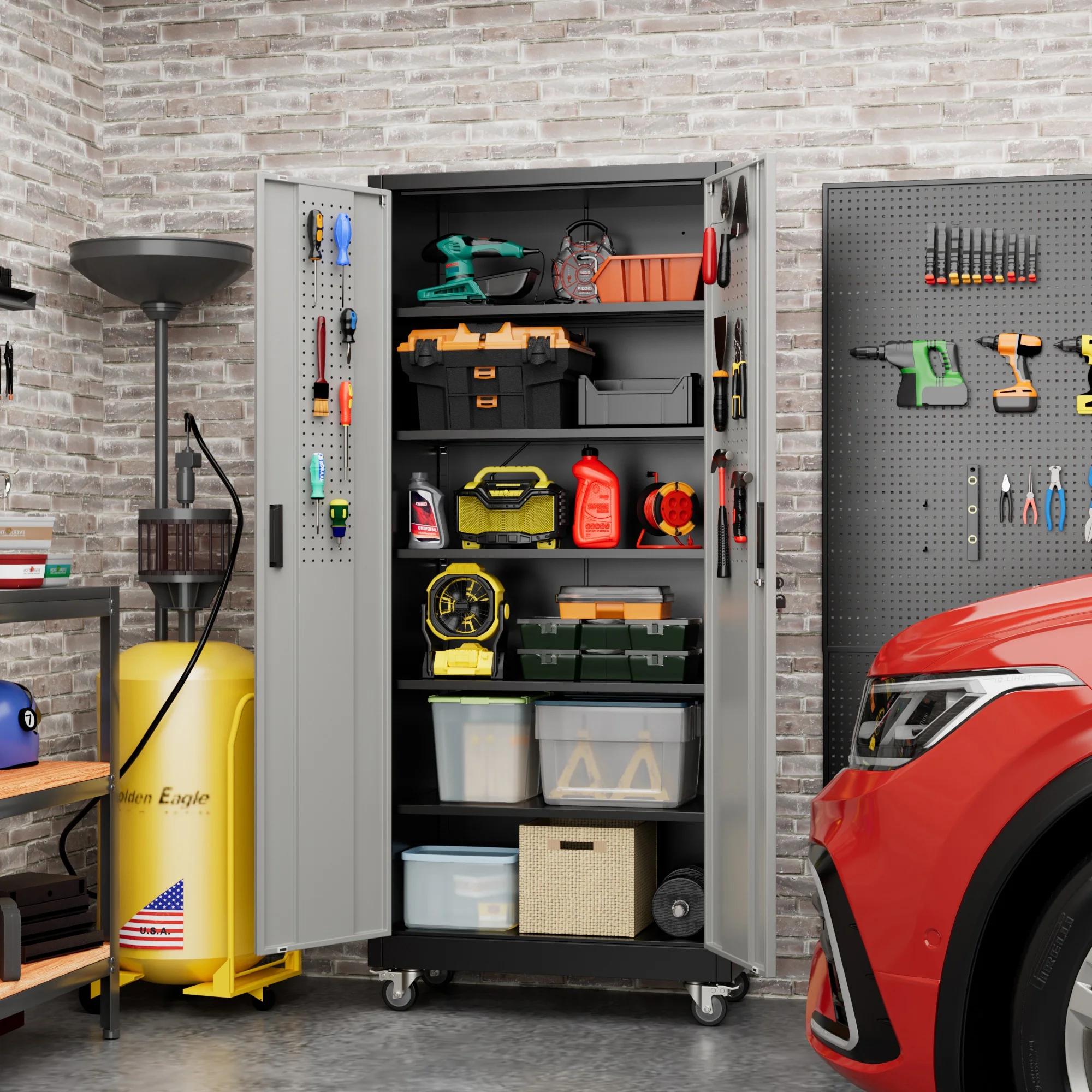 GangMei 71 inches Tall Metal Rolling Garage Storage Cabinets with Locking Doors and 5 Adjustable Shelves, Metal Storage Cabinet for Garage, Office, Home, Classroom, Assemble Required(Black) - Image 31