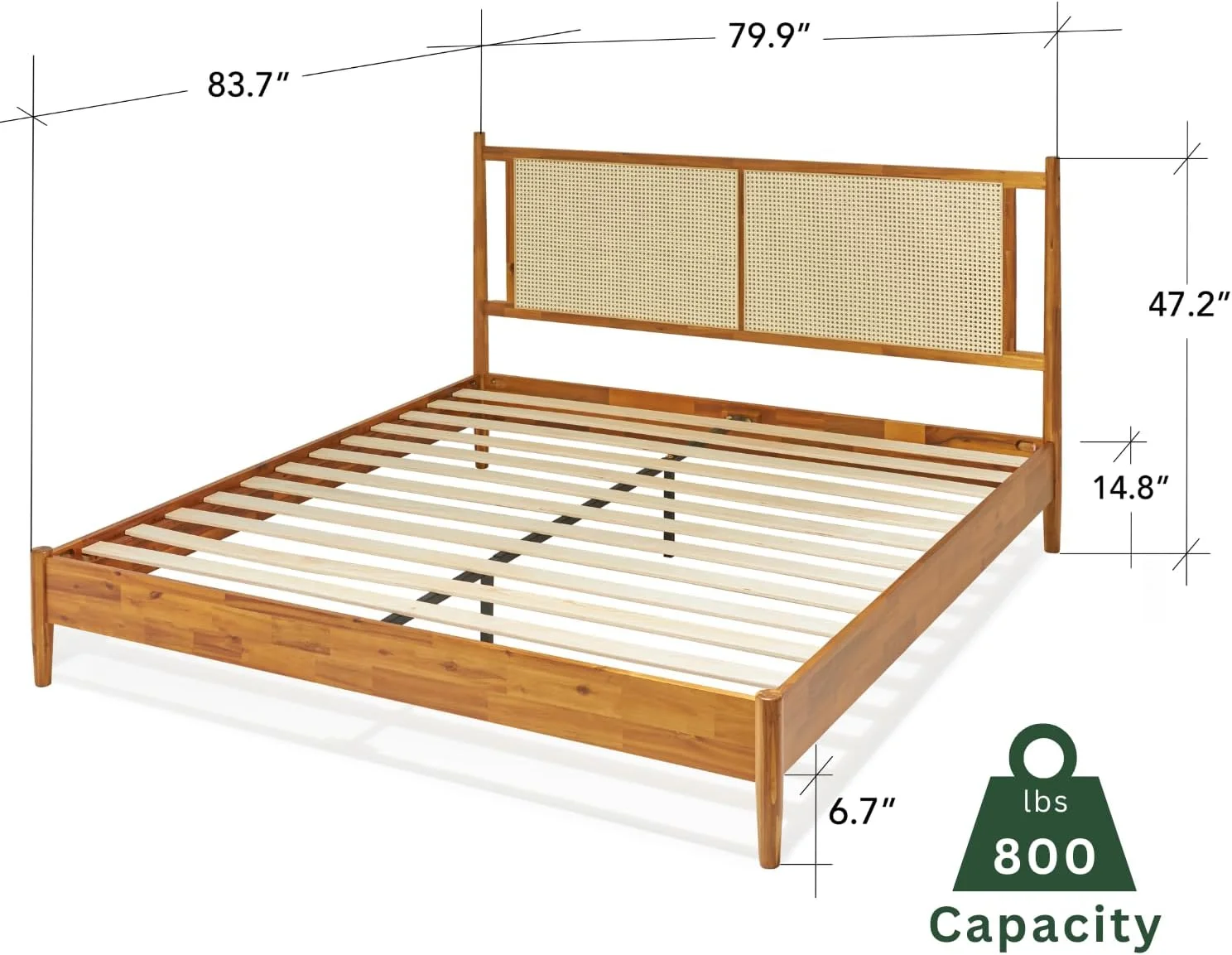 Oliver 15 Inch Signature Bed Frame with Rattan Headboard - Bohemian & Mid Century Style - Acacia Wood - 12 Strong Wood Slat Support - Easy Assembly - No Box Spring Needed - Caramel, King