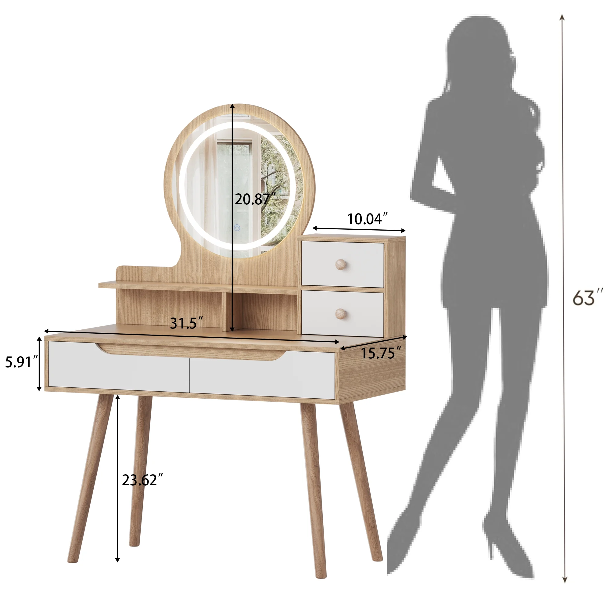 Montary Modern Mini Vanity w/Adjustable LED Mirror + Hidden Storage, Padded Stool & Dustproof Shelves (White) - Image 136