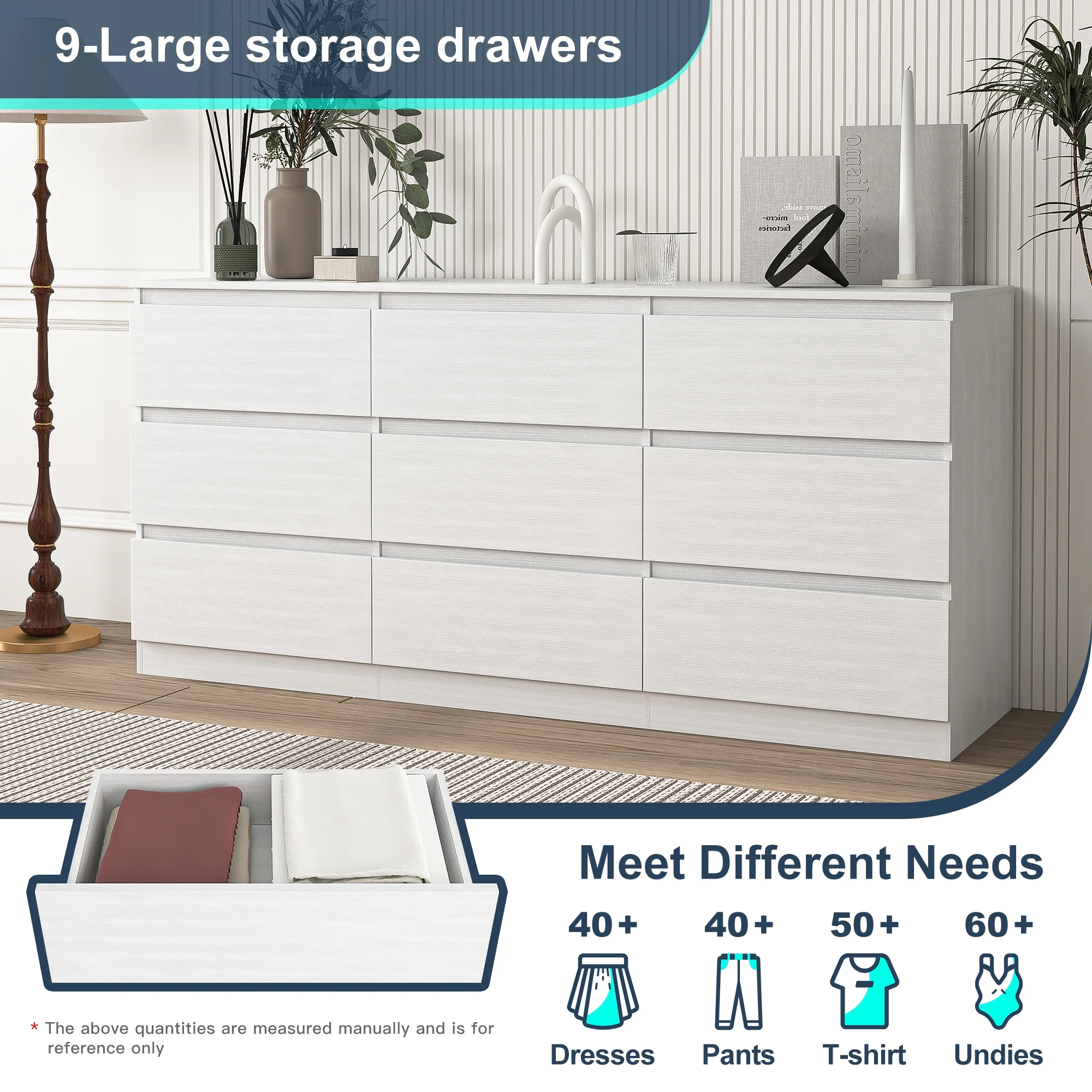 Kadyn White Chest of Drawer, 6 Double Drawer Dresser for Bedroom, Modern Storage Cabinet for Living Room, Dresser - Image 96