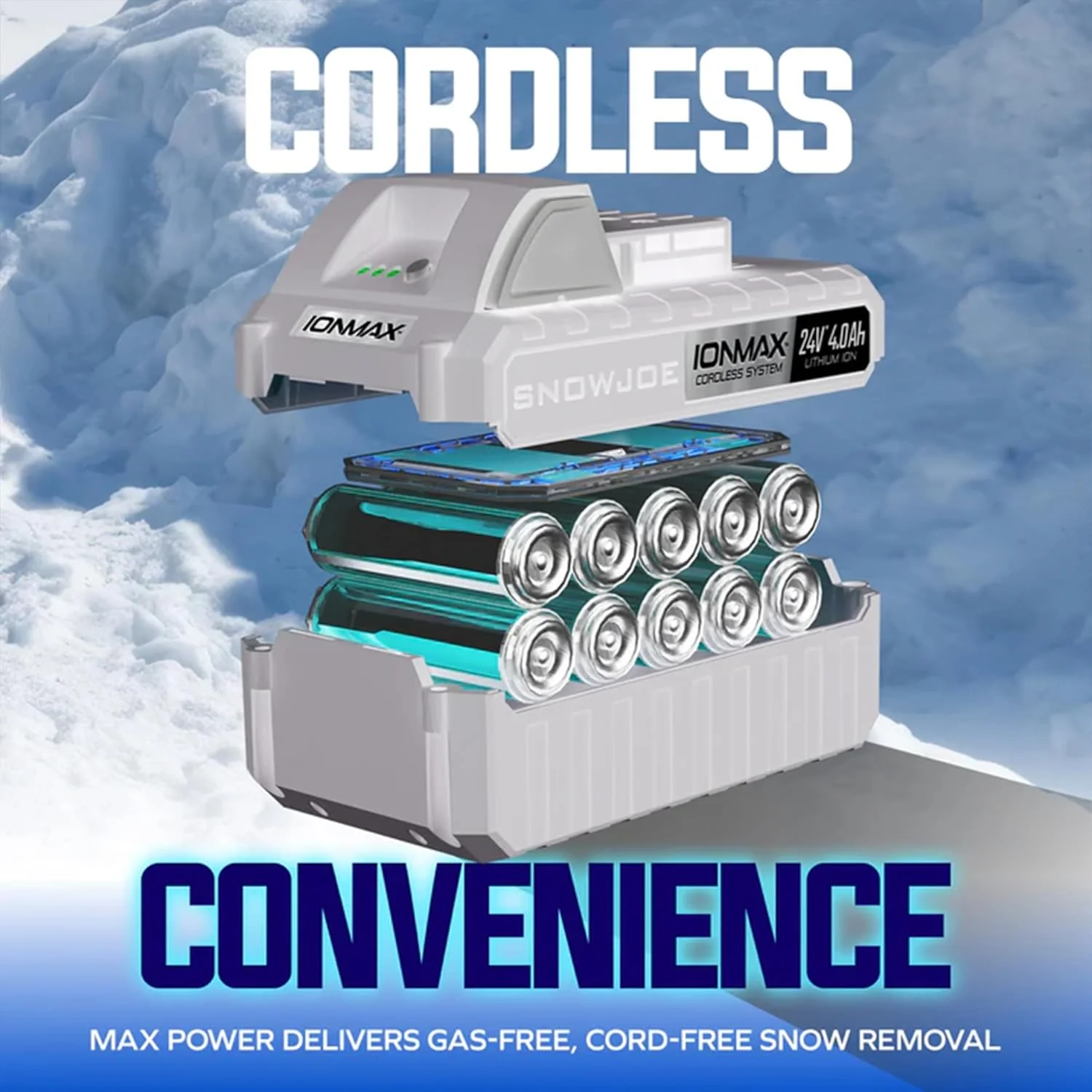 Snow Joe IONMAX 48V 18 Inch Cordless Electric Snow Blower With LED Light And Wheels - 24V-X2-SB18-GO - Image 7 Snow Joe IONMAX 48V 18 Inch Cordless Electric Snow Blower With LED Light And Wheels - 24V-X2-SB18-GO - Image 7