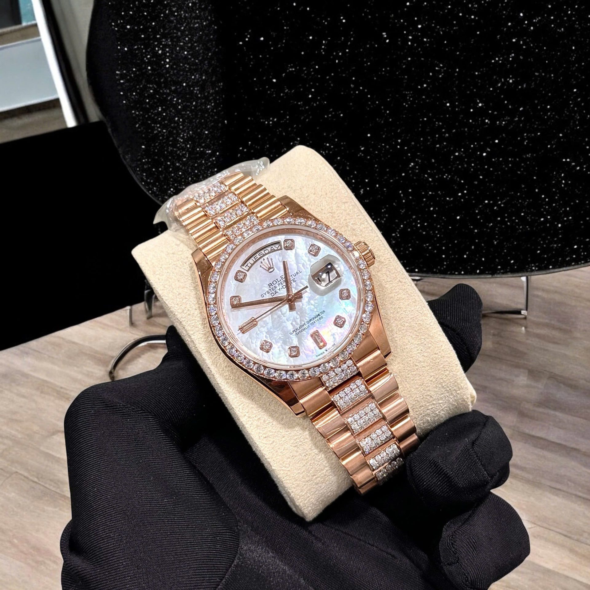 Rolex Day-Date Replica Watch Gold Wrapped Moissanite Diamonds Hong Kong 36mm - Elite Watch Atelier