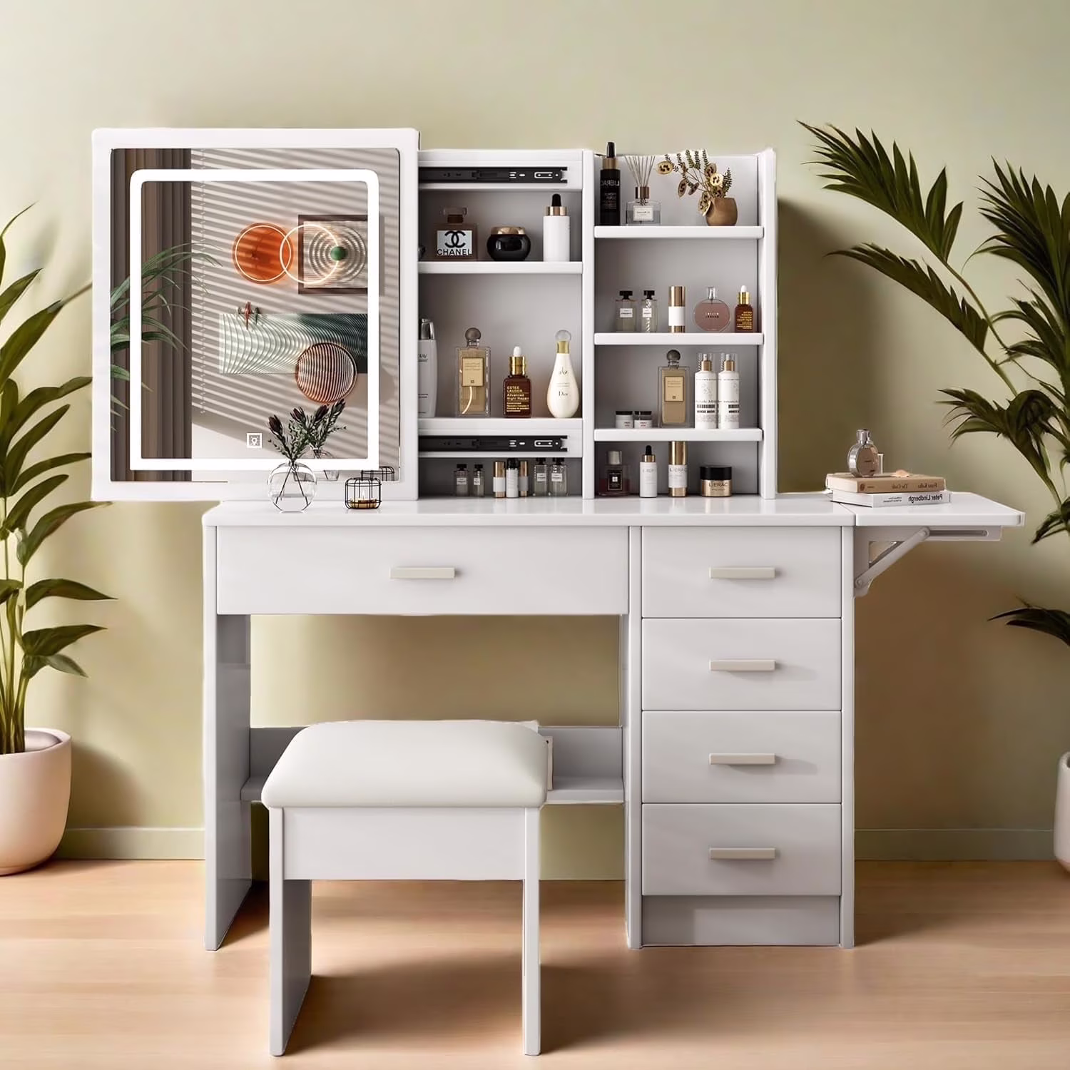 Montary Modern Mini Vanity w/Adjustable LED Mirror + Hidden Storage, Padded Stool & Dustproof Shelves (White) - Image 11