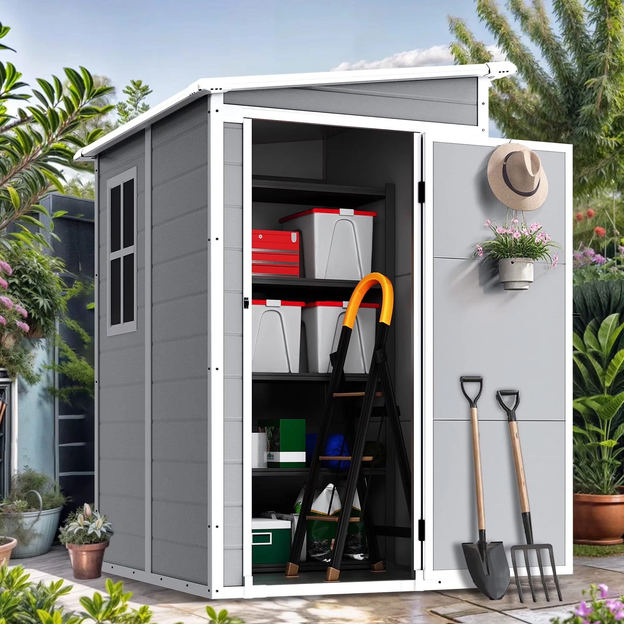Seizeen Resin Outdoor Storage Shed With Floor, Light Gray, 82 in H - Image 2 Seizeen Resin Outdoor Storage Shed With Floor, Light Gray, 82 in H - Image 2
