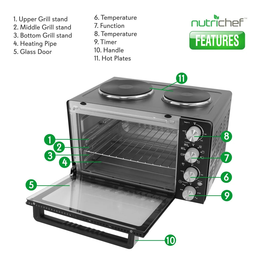 NutriChef 30 Quart Kitchen Convection Oven & 2 Burner Cooker - 1500 Watt Oven - 7 Cook Functions Rotisserie, Cook, Bake, Broil & More - Includes Baking Tray, Skewers & Handles - 19.6 x 16.0 x 13.5 IN - Image 5