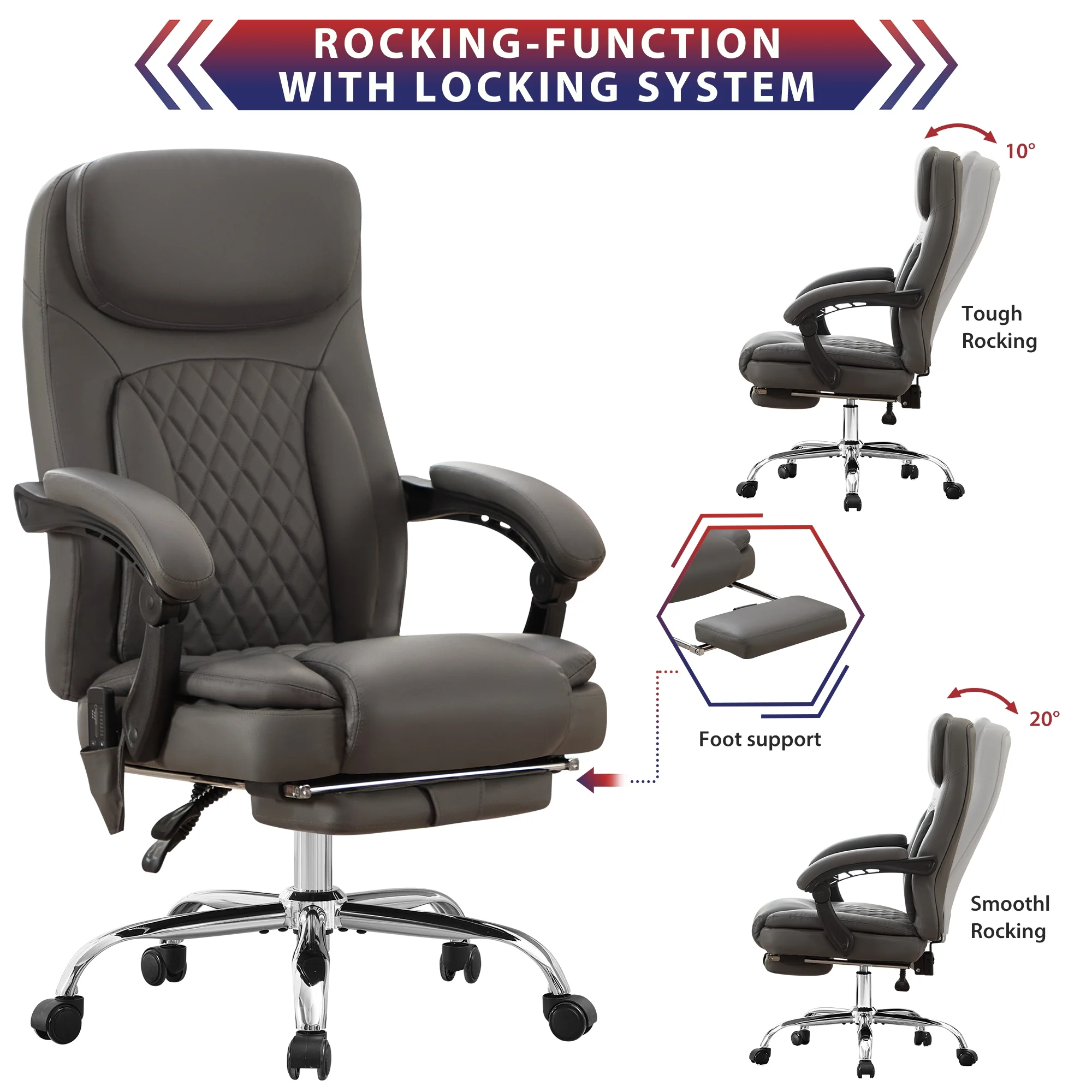 JONPONY Big and Tall Office Chair 500LBS Executive Office Chair Massage and Footrest Ergonomic Computer Desk Chair Reclining High Back Leather Office Chair Lumbar Back Support Swivel Rolling,Black - Image 51