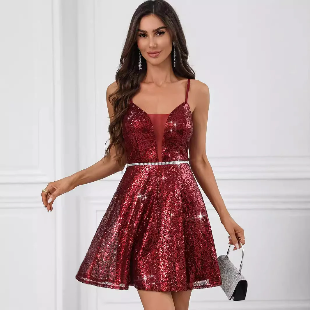 Sexy Backless Spaghetti Straps Sequ Dress Women Clothing Nightclub Dress - AZJHJ