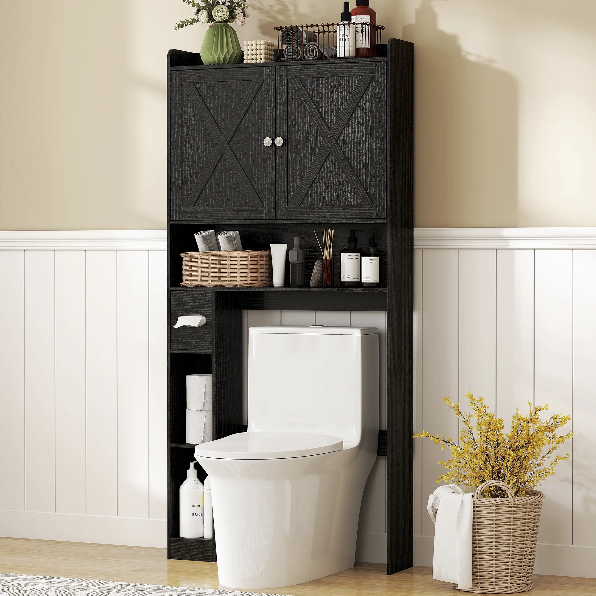 HOMCOM Over the Toilet Storage Cabinet, Farmhouse Above Toilet Bathroom Organizer with Barn Doors, Adjustable Shelf, Toilet Paper Holder, Black