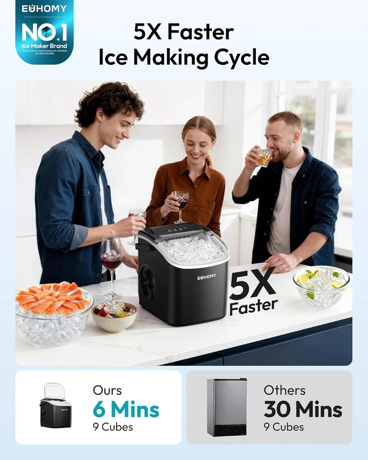 EUHOMY Ice Maker Countertop with Handle, 26lbs in 24Hrs, 9 Ice Cubes Ready in 6 Mins, Auto-Cleaning Portable Ice Maker with Basket and Scoop, for Home/Kitchen/Camping/RV. (2024 New Silver) Utensils