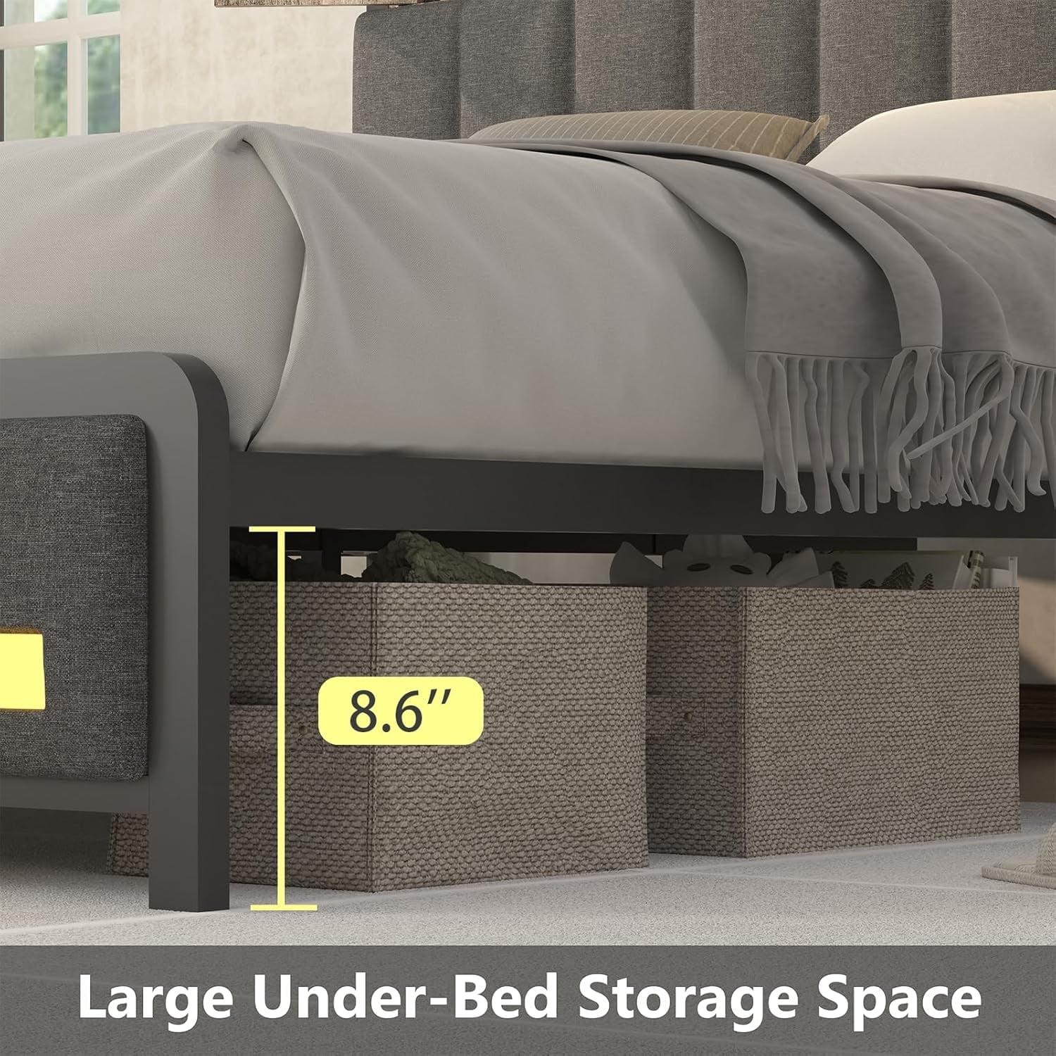 King Size Bed Frame and Bookcase Storage Headboard, LED Upholstered Bed Frame King with Charging Station, Light up King Size Platform Metal Bed Frame, No Box Spring Needed, Charcoal Gray - Image 9