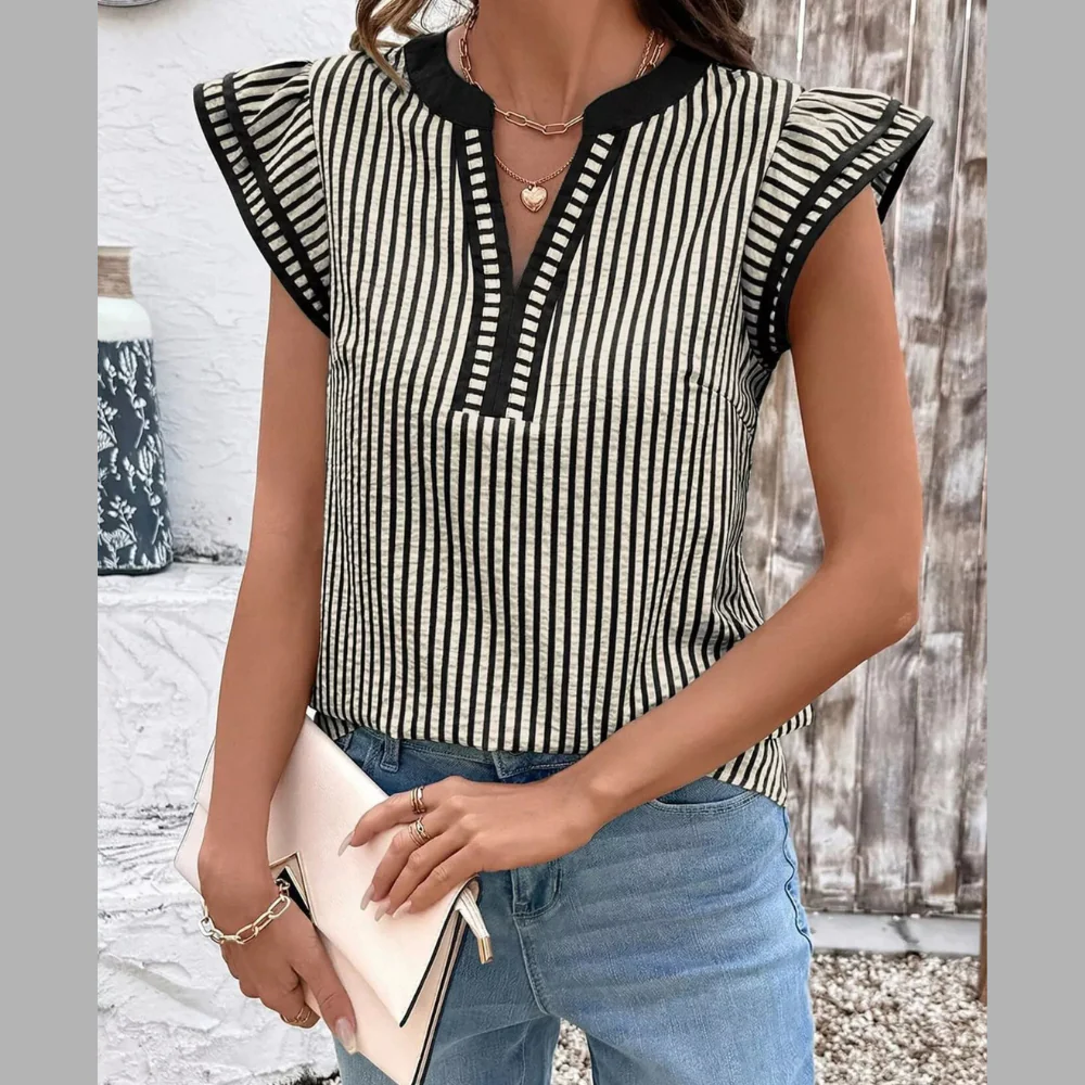 Striped Ruffle Sleeve Blouse - ZKZOOK