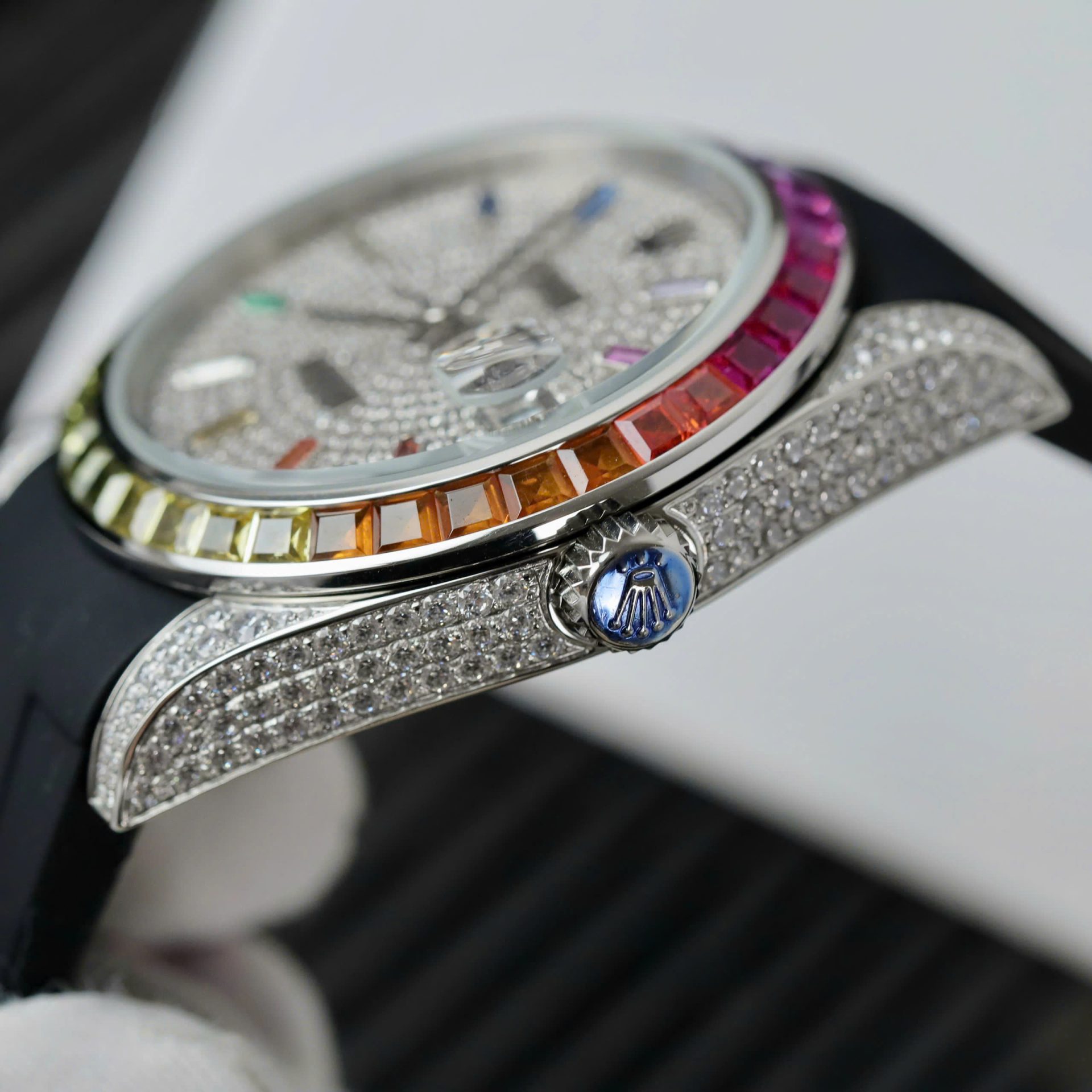 Rolex DateJust Rainbow Fake Watch Rubber Strap 41mm - Elite Watch Atelier