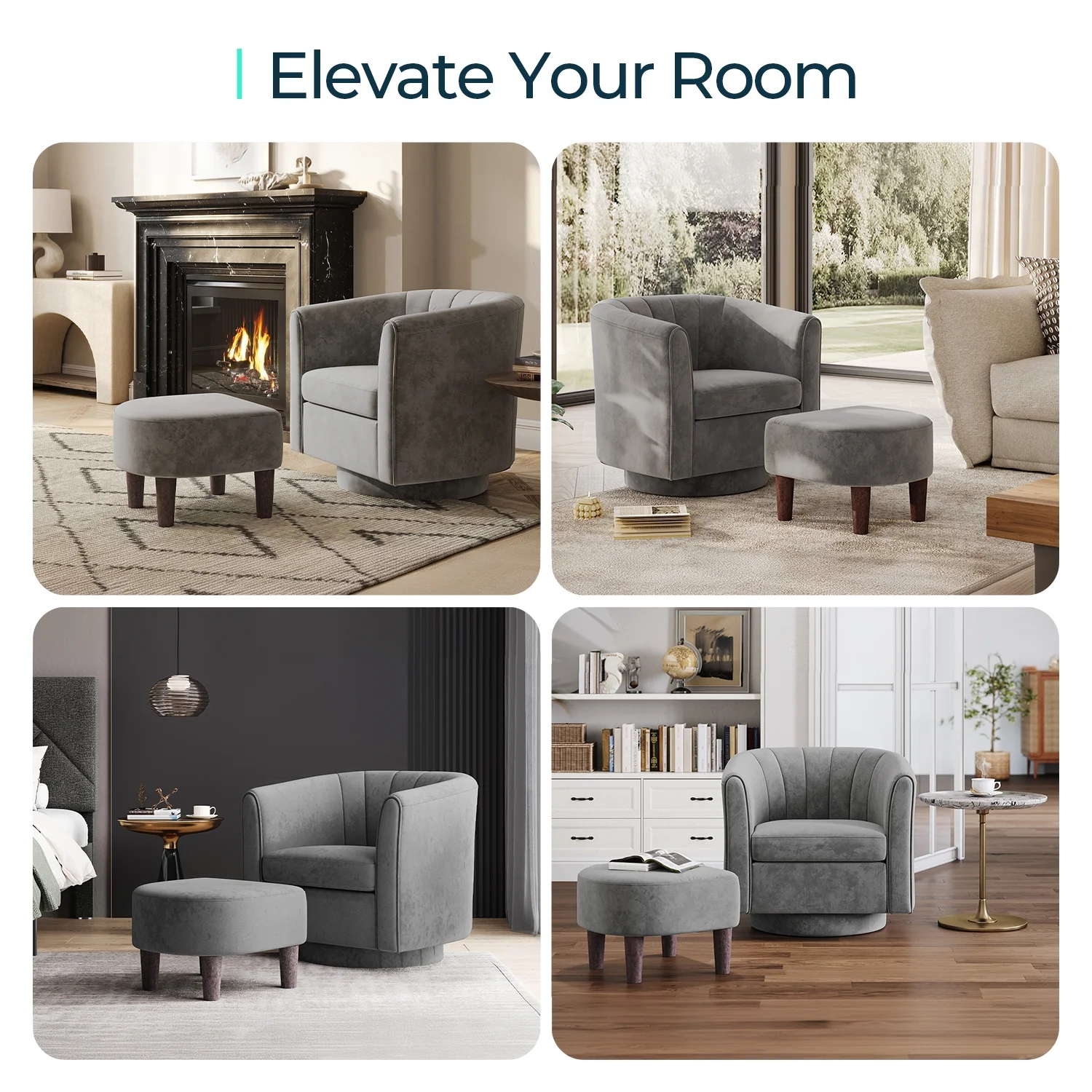 LINSY HOME Swivel Accent Chair with Ottoman, Velvet Barrel Chair for Living Room, Blue - Image 28