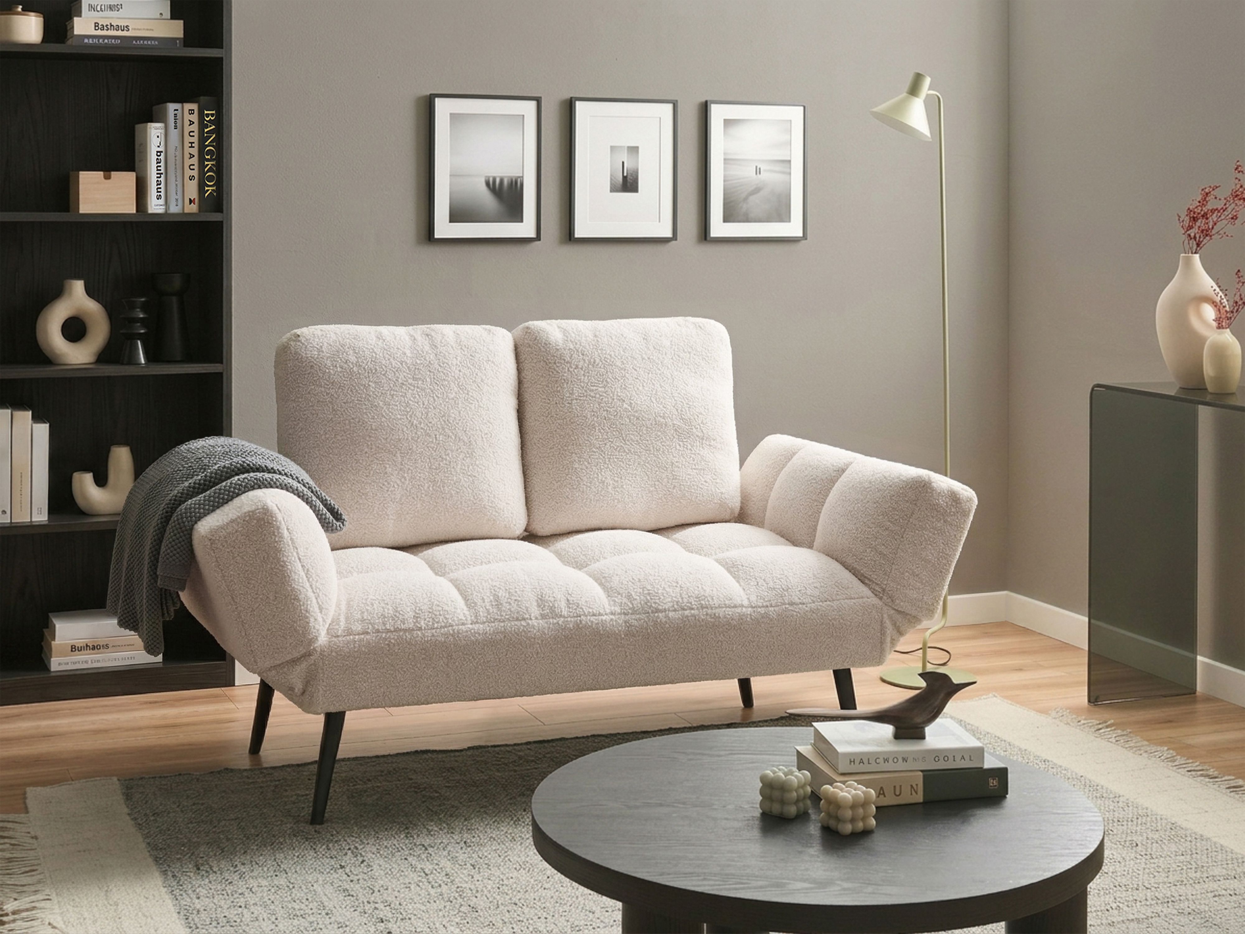 Sofa Bed 2 Seater BREKKE Boucle Off-White