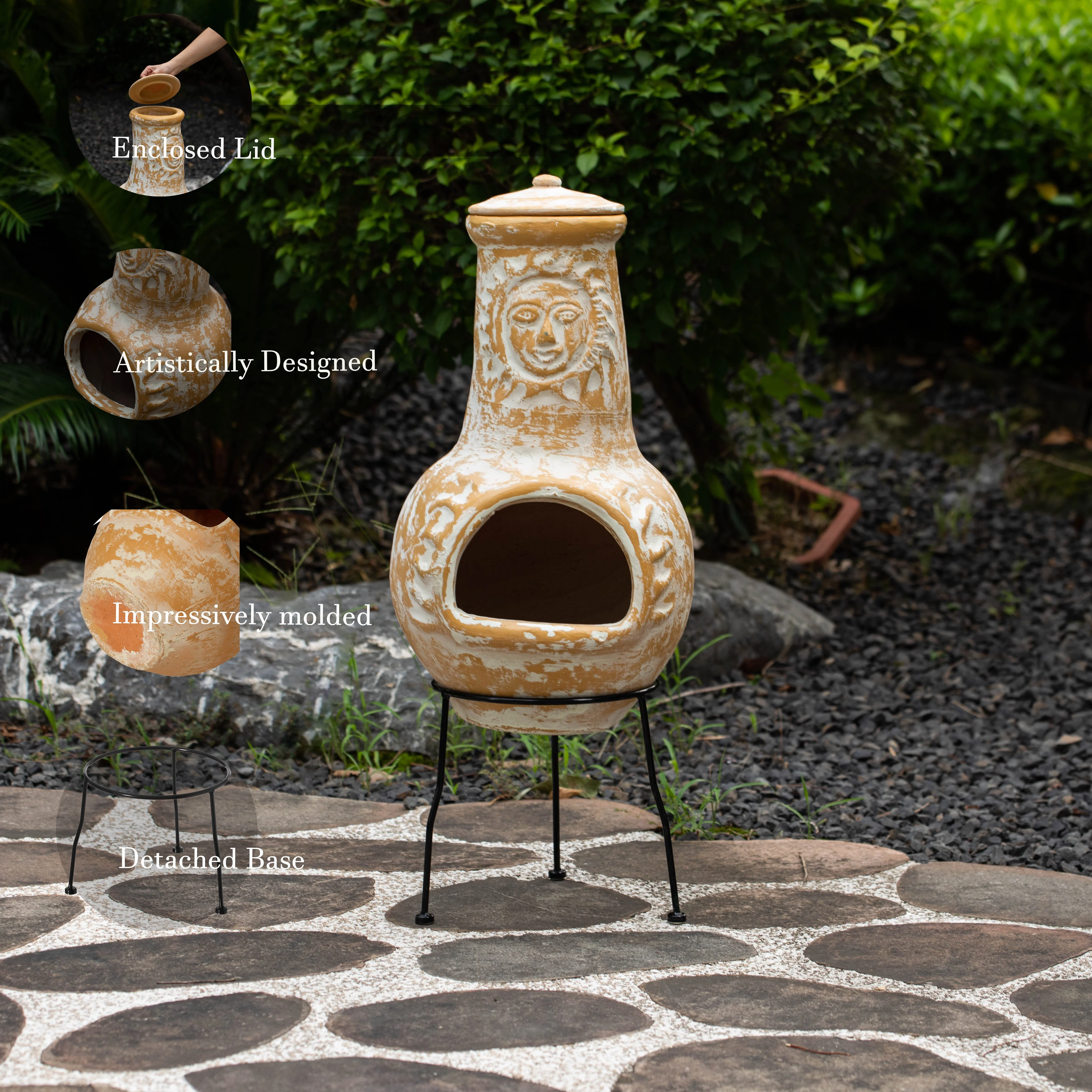 Vintiquewise QI004631.TC Outdoor Clay Chiminea Fireplace Sun Design Wood Burning Fire Pit with Sturdy Metal Stand, Barbecue, Cocktail Party, Cozy Nights Fire Pit, Terra Cotta - Image 6