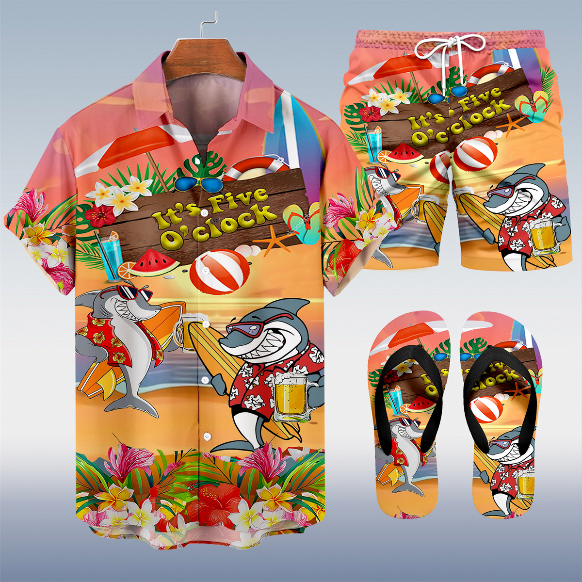 Suitmens Men's Men's Tiki Style Hawaiian Vacation Print Three-Piece Set 032