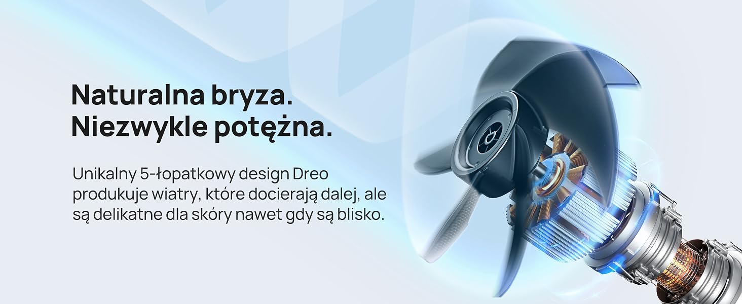 Schemat łopatki wentylatora ze strzałkami przepływu powietrza. Tekst w języku polskim opisuje naturalną bryzę i potężną wydajność, wspominając o 5-ostrzowej konstrukcji