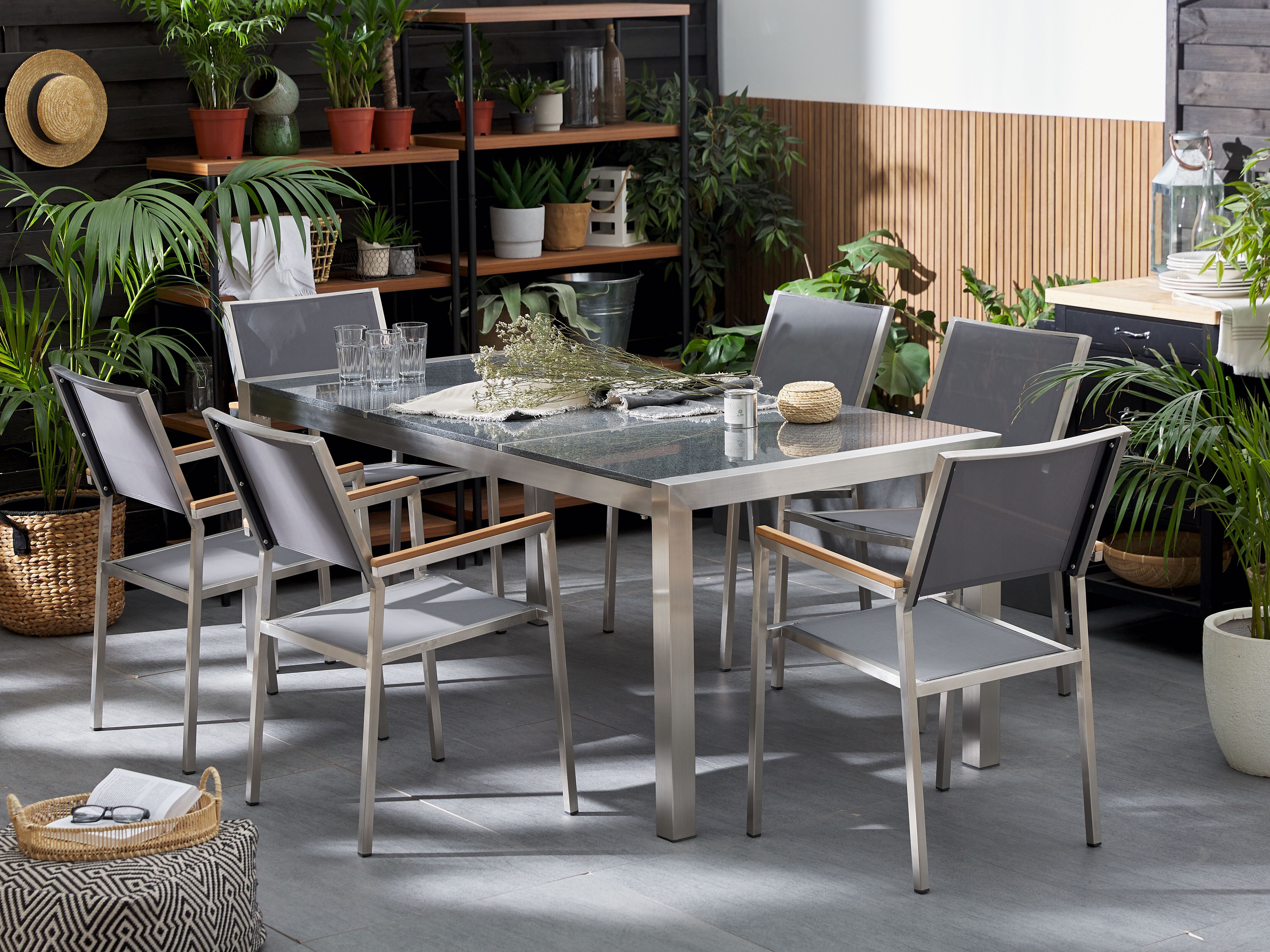 Garden Dining Set 6 Seater GROSSETO Triple Plate Granite Polished Grey