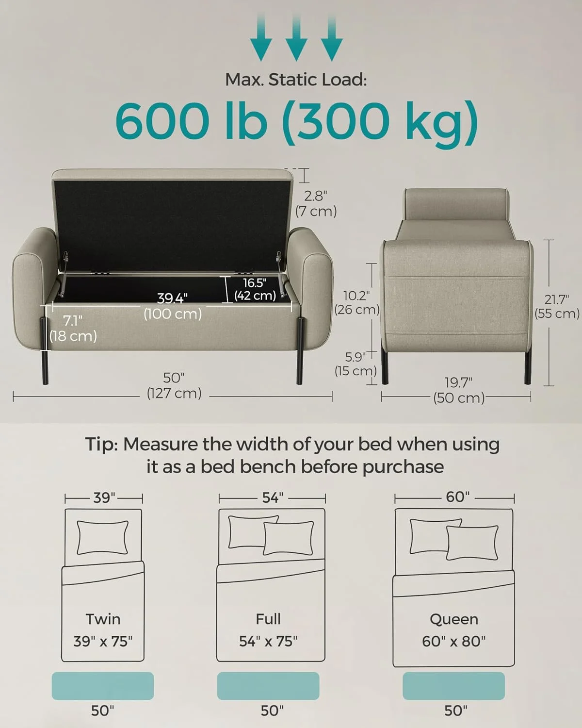 SONGMICS 46.5" Storage Ottoman Bench Storage Bench Bedroom Bench 330lb Load Capacity Solid Wood Legs Light Gray - Image 33