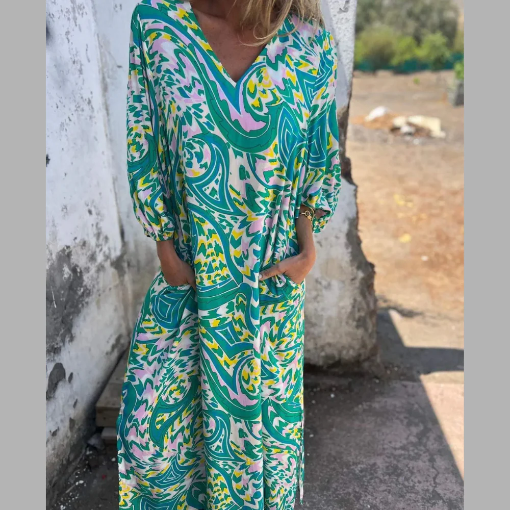 Full Size Printed V-Neck Dress with Pockets Plus Size - ZKZOOK