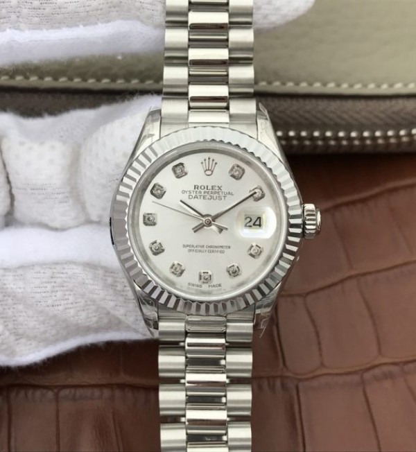 Replica Rolex DateJust 28mm Fluted Bezel White Dial Diamonds Markers Bracelet A2236 - Elite Watch Atelier