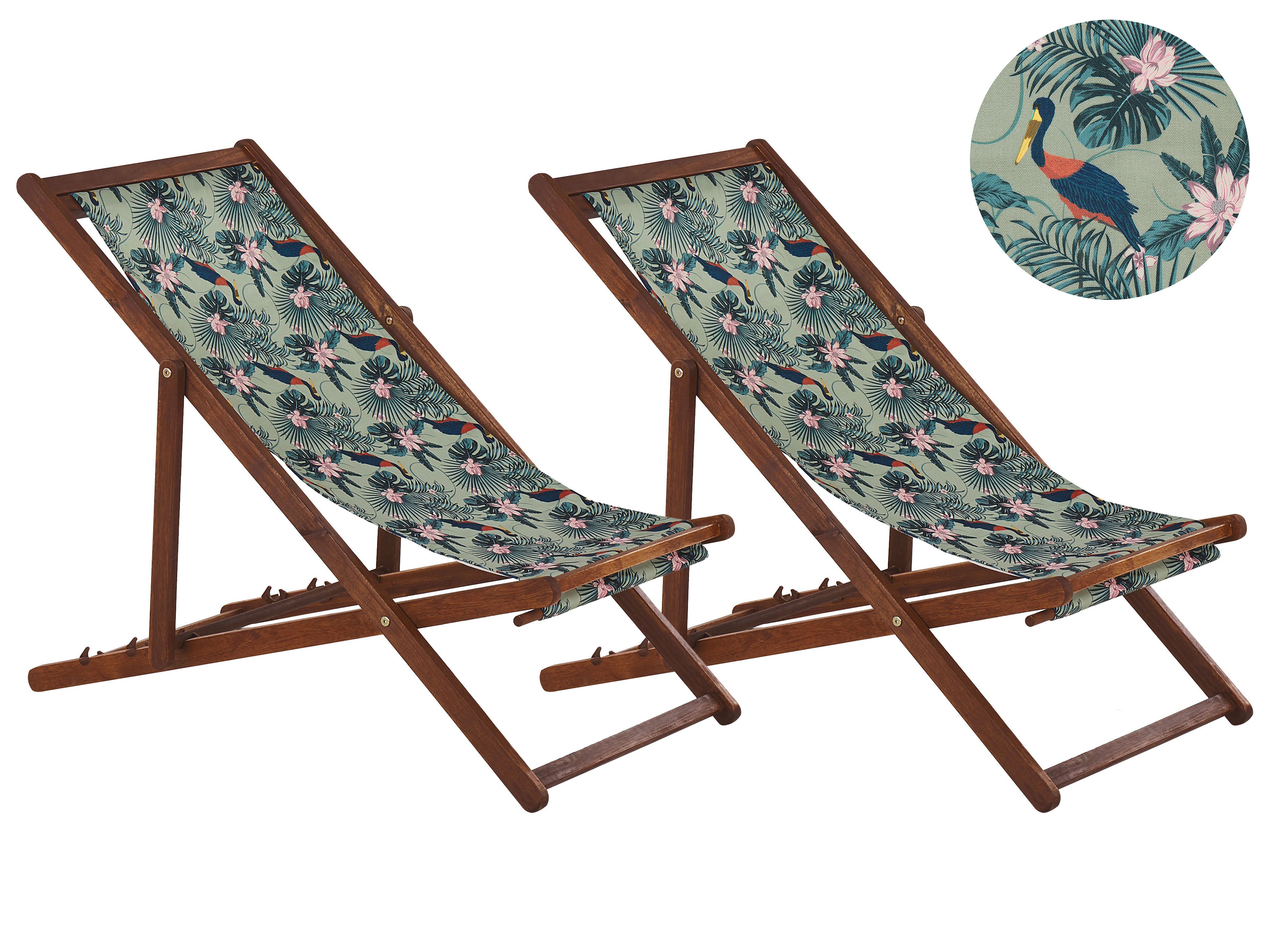 Set of 2 Folding Deck Chairs ANZIO with Replacement Fabrics Animal Motif Acacia Wood Dark Brown