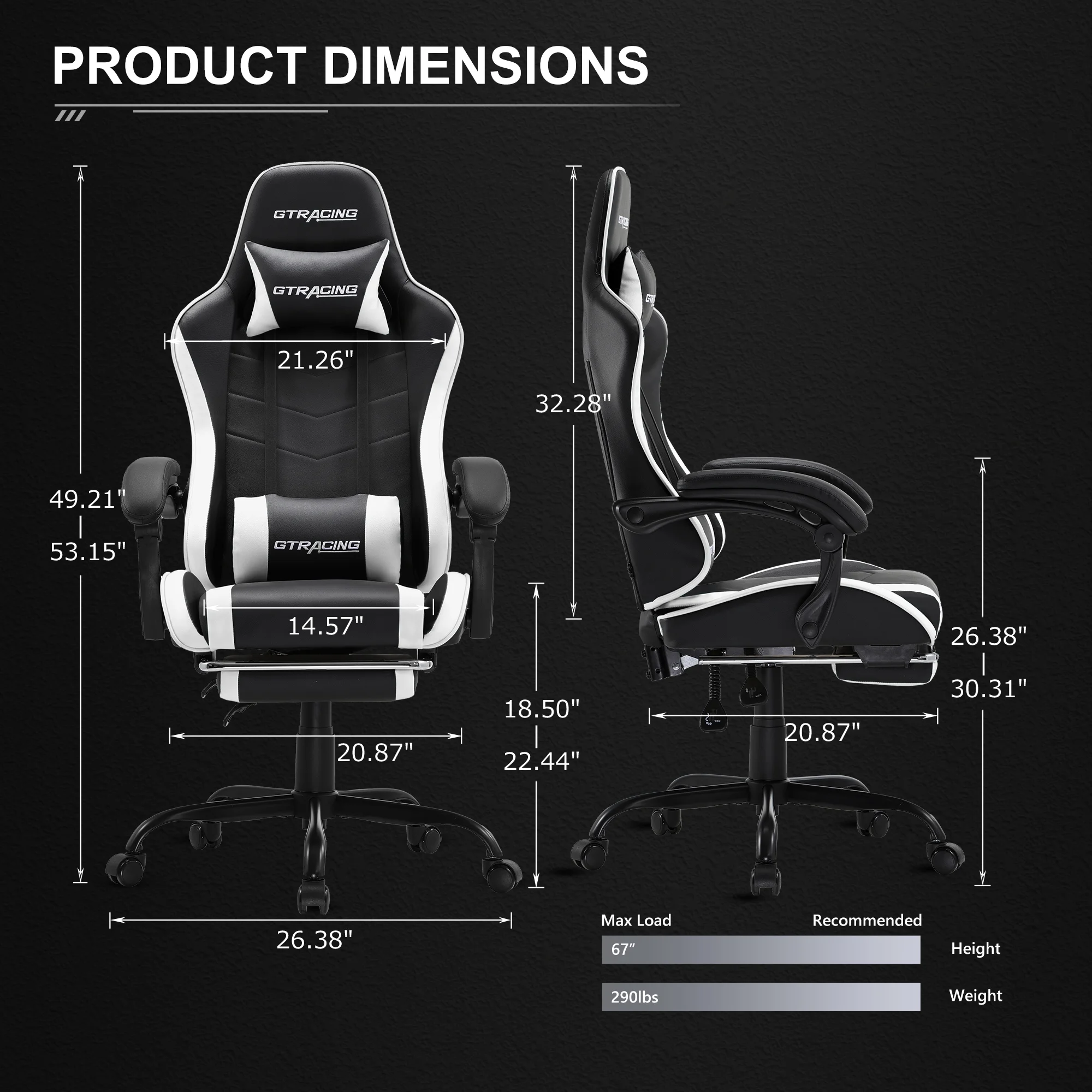 GTRACING GTWD-200 Ergonomic Gaming Chair with Adjustable Pillows and Footrest , White - Image 4
