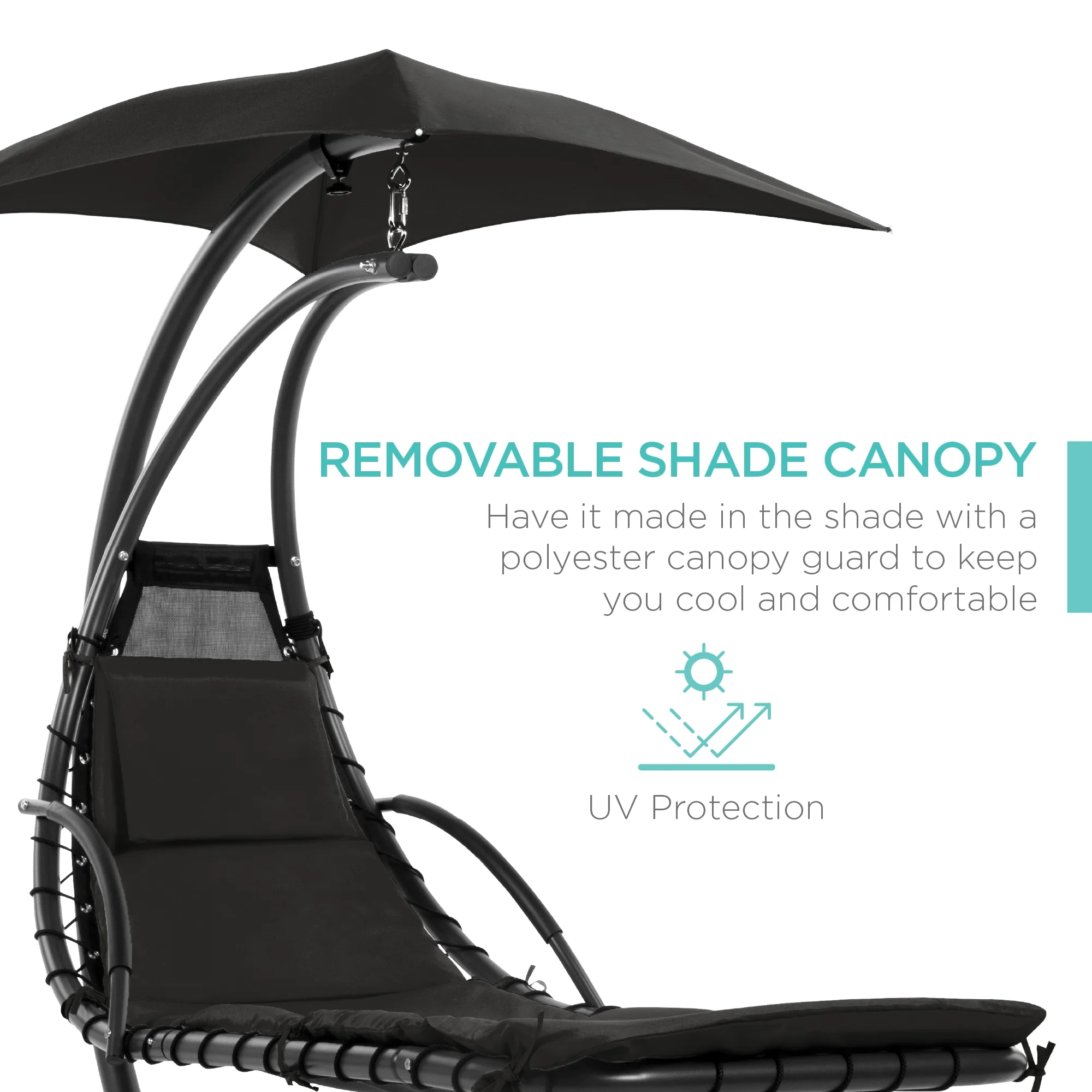 Best Choice Products Hanging Curved Chaise Lounge Chair Swing for Backyard, Patio w/ Pillow, Shade, Stand - Teal - Image 92