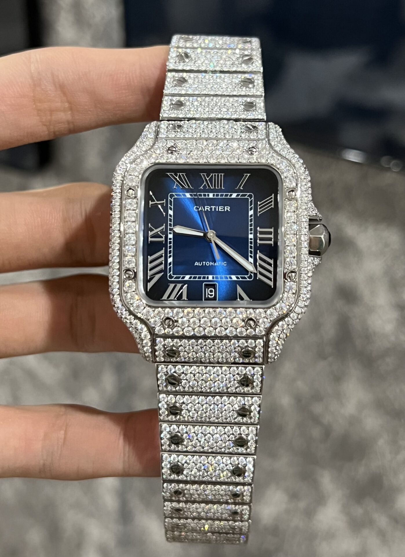 Cartier Santos Best Replica Watch Custom Moissanite Diamonds Blue Dial 39.8mm - Top club