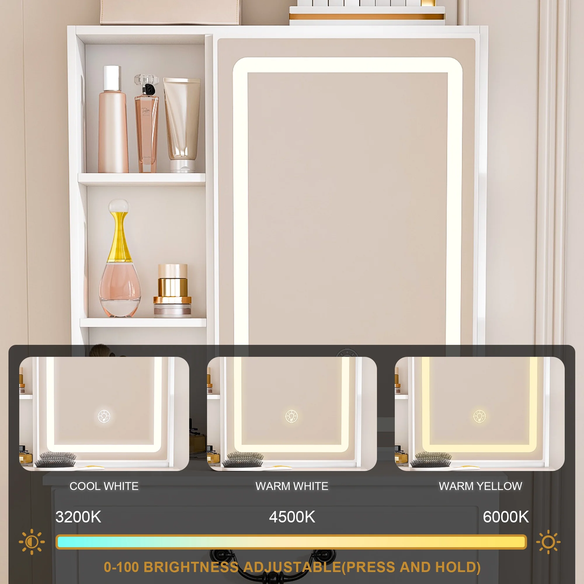 Montary Modern Mini Vanity w/Adjustable LED Mirror + Hidden Storage, Padded Stool & Dustproof Shelves (White) - Image 8