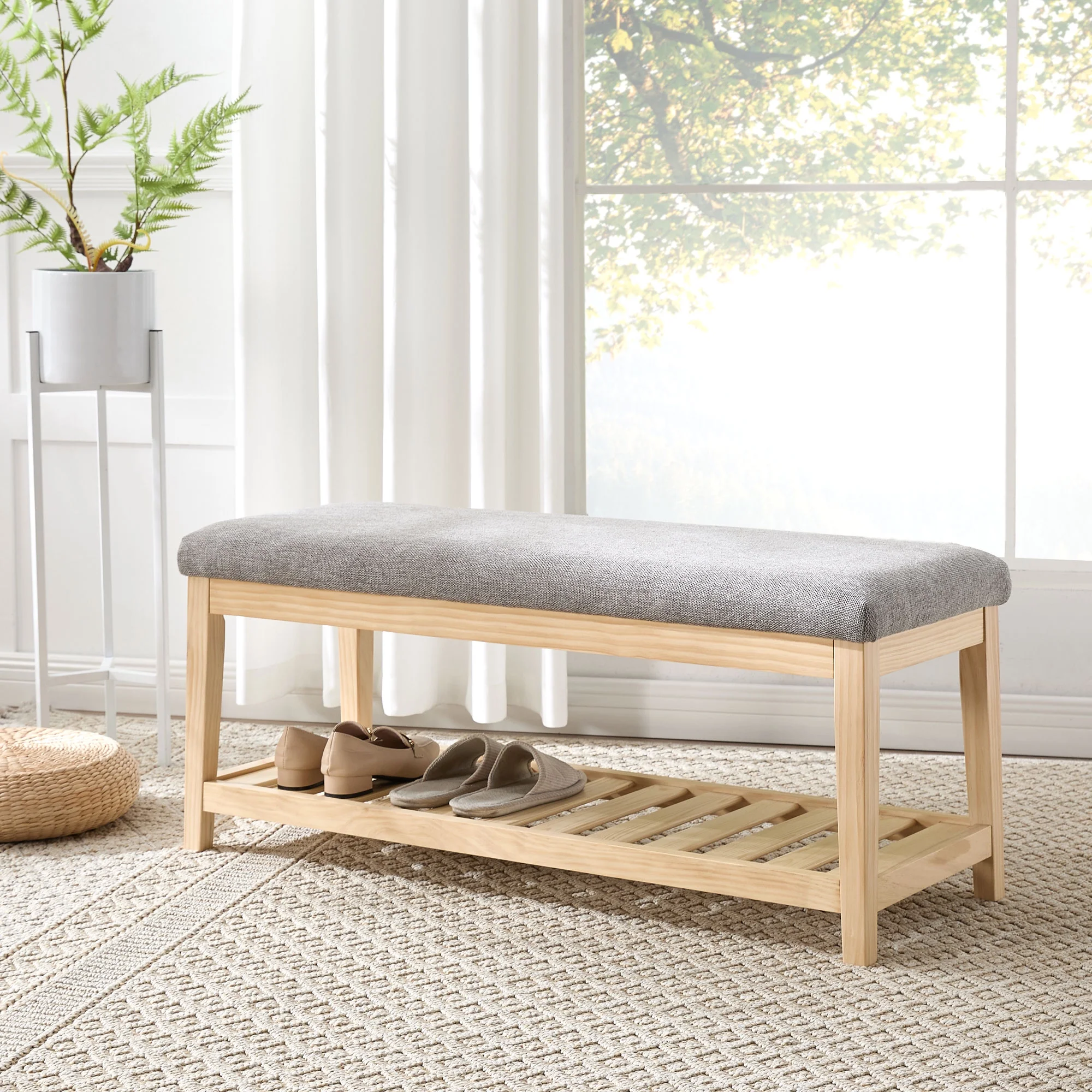 Zesthouse 42.9�?Shoe Bench with Storage, Entryway Bench for Living Room, Bedroom and Hallway, Linen Fabric Upholstered Bench with Solid Wood Shelf, Gray - Image 5