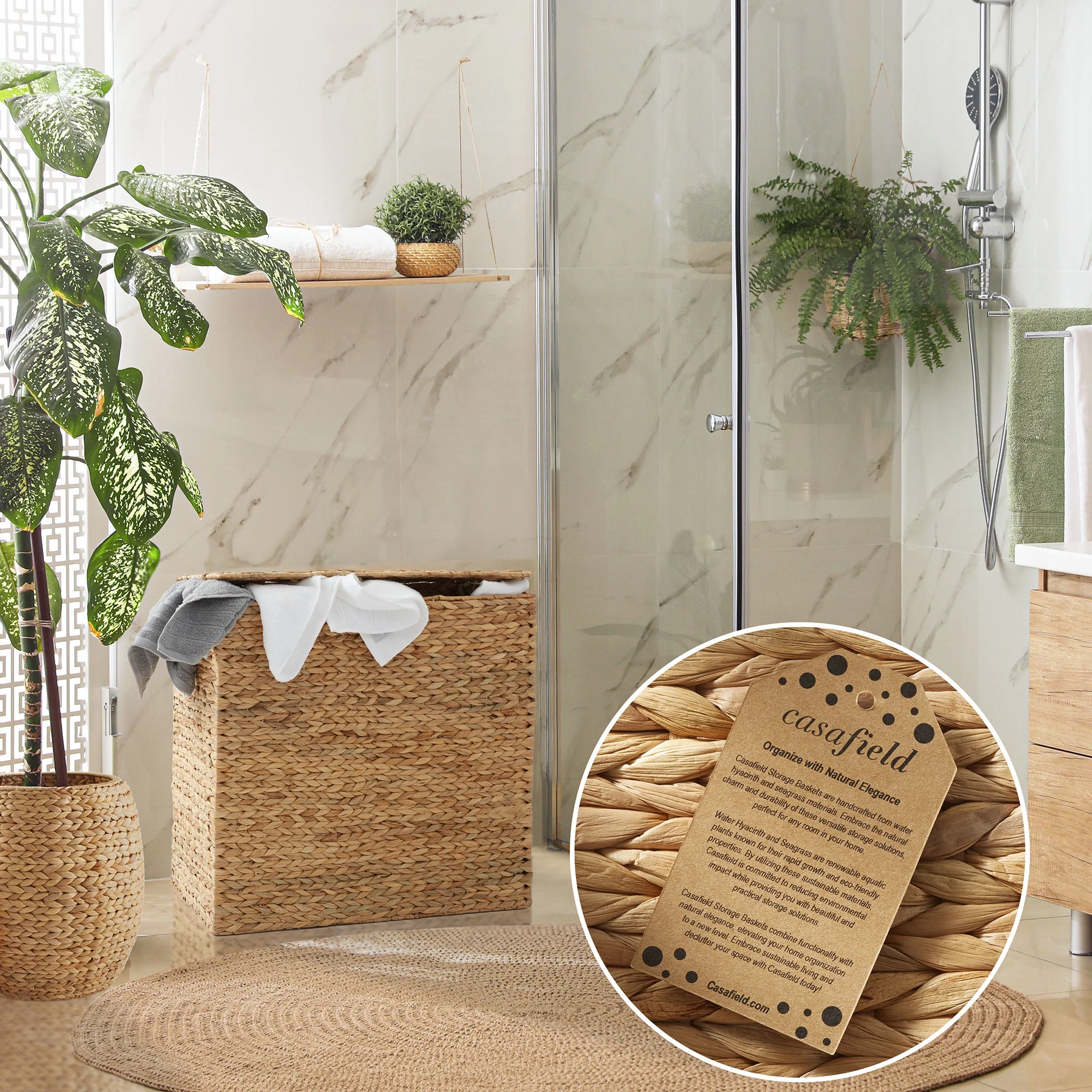 Casafield 2-Section Laundry Hamper with Lid and Removable Liner Bags - Natural, Woven Water Hyacinth Laundry Basket for Clothes - Image 2