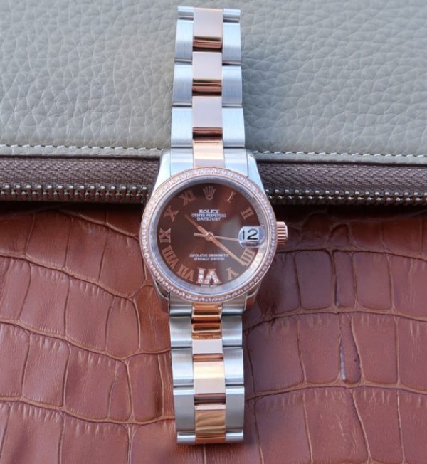 Replica Rolex DateJust 31mm 178383 Diamonds Bezel Roman Markers Brown Dial A2235 - Top club