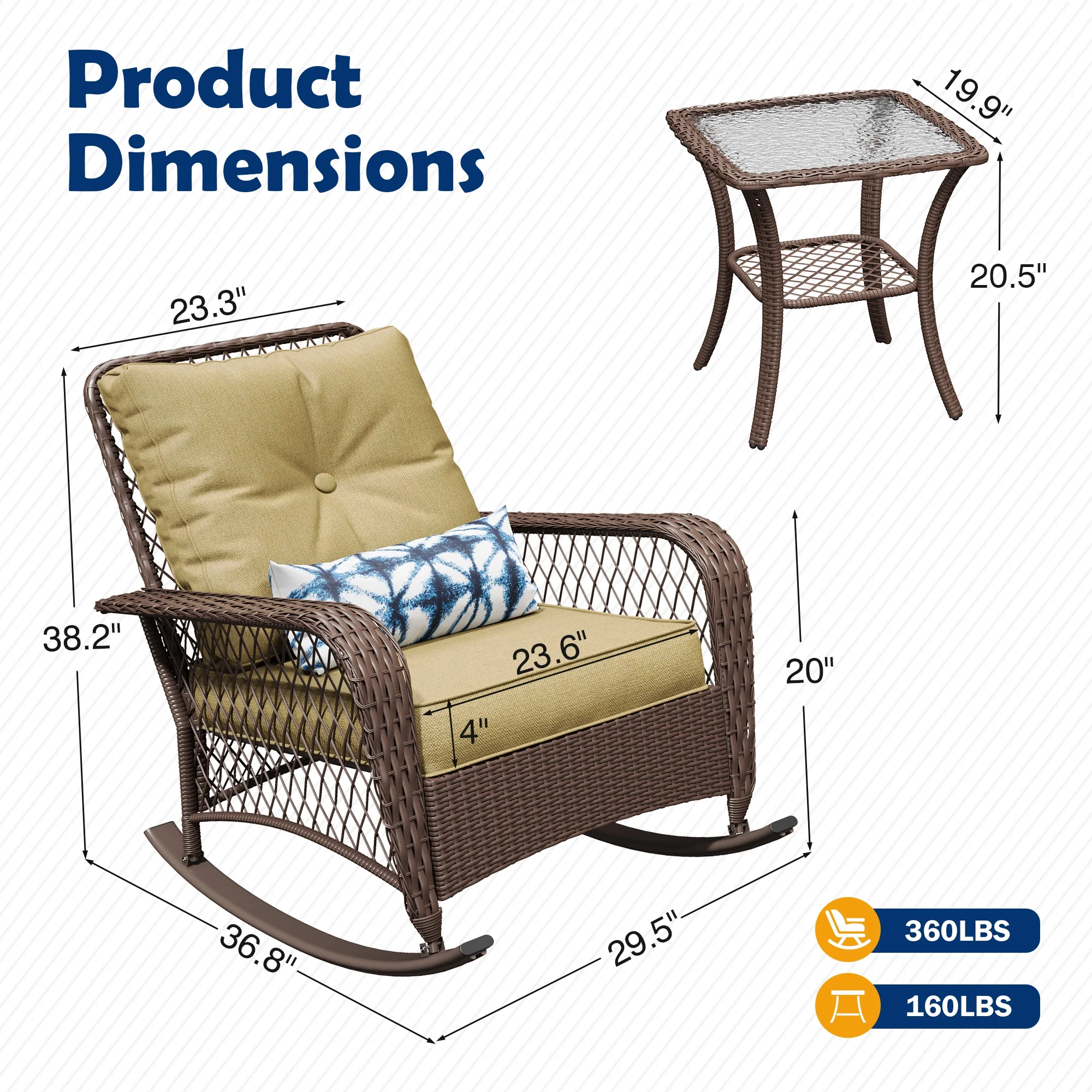 ELPOSUN 3-Piece Outdoor Rocking Chairs, Wicker Patio Furniture with Thickened Cushions and Table for Porch - Image 6