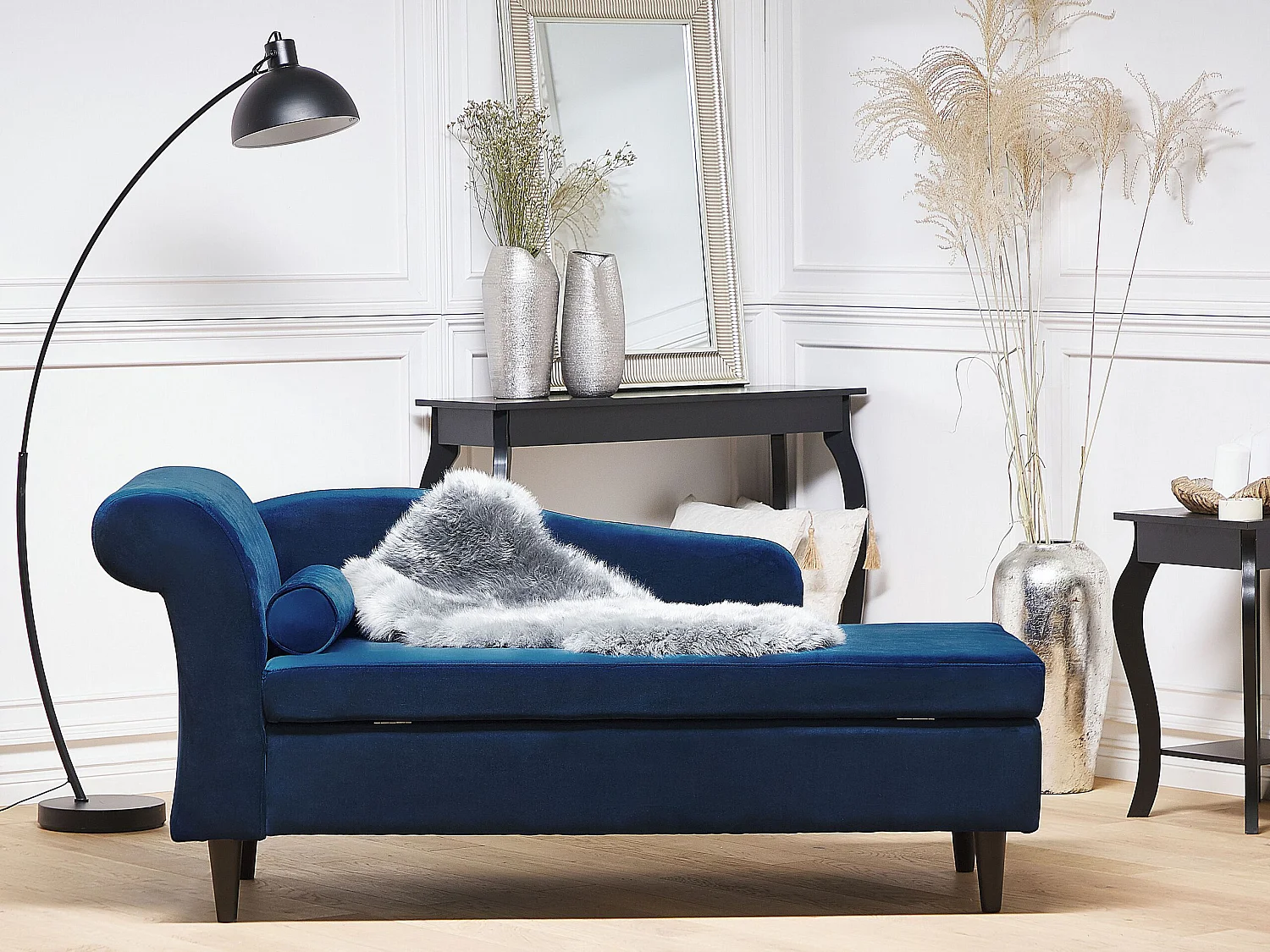 Chaise longue côté gauche LUIRO Velours Bleu marine avec rangement