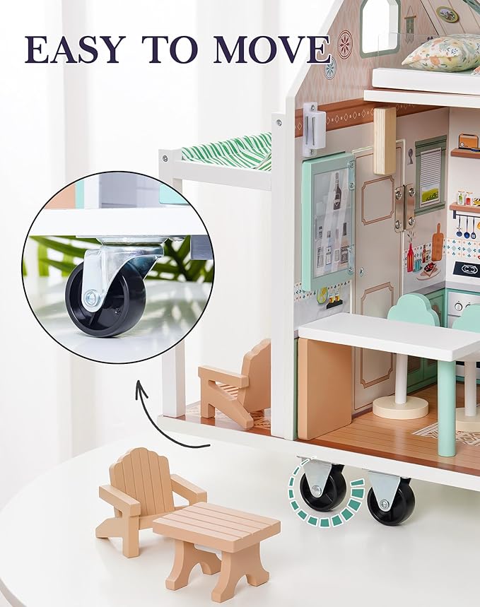 Wooden Realistic Camper Van Dollhouse with Handle & Wheels, Includes Mini Kitchen