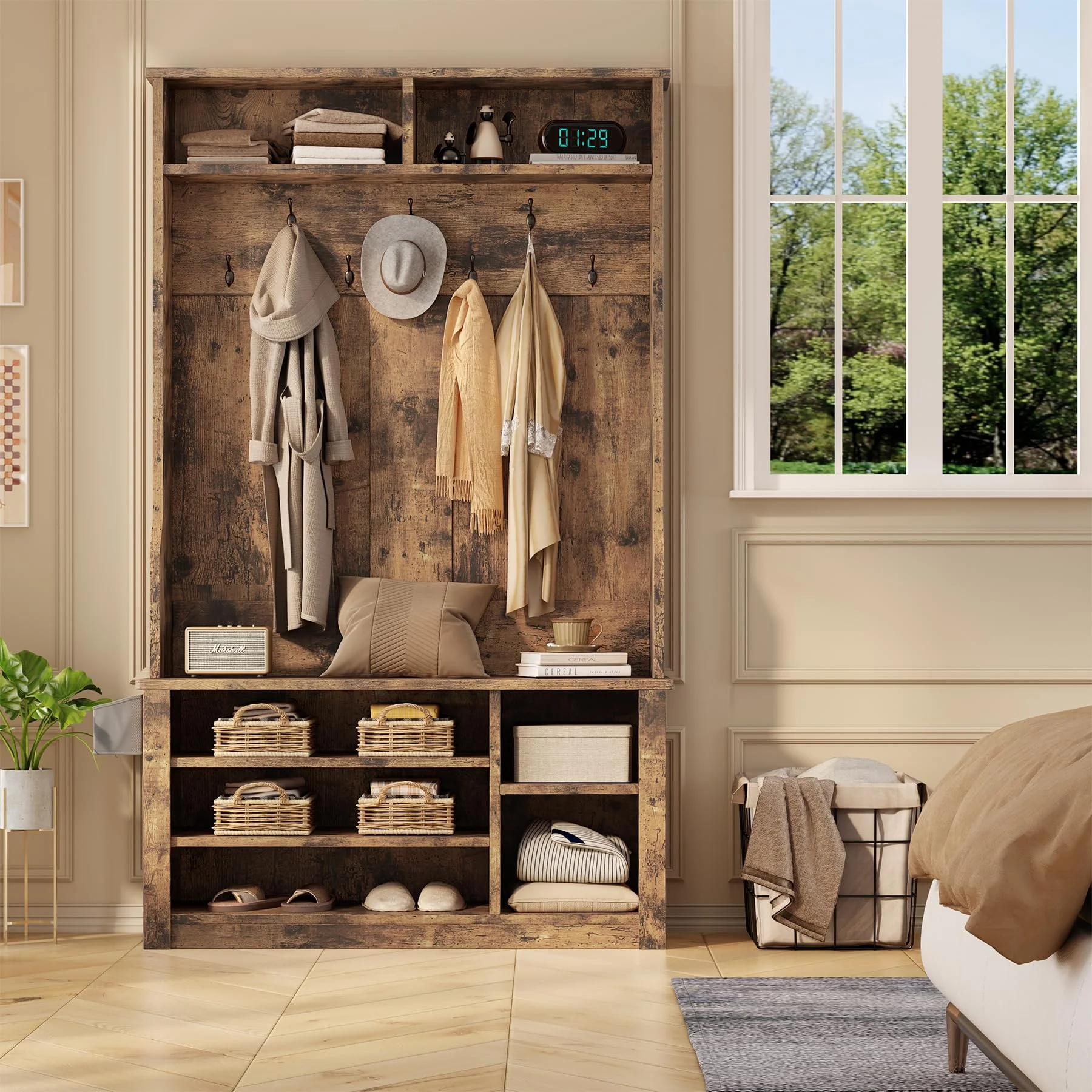 Lofka 5-in-1 Hall Tree with Bench and Shoe Storage, Entryway Hall Tree with Coat Rack, Adjustable Shoe Storage, 2-tier top storage,White - Image 13