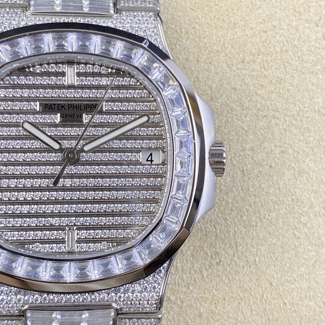 Fake diamond watch Patek Philippe Replica Nautilus Date Sweep Seconds White Gold/Diamonds Dial & Bezel 5719/10G-010 TWF(1:1 replica) - Top club