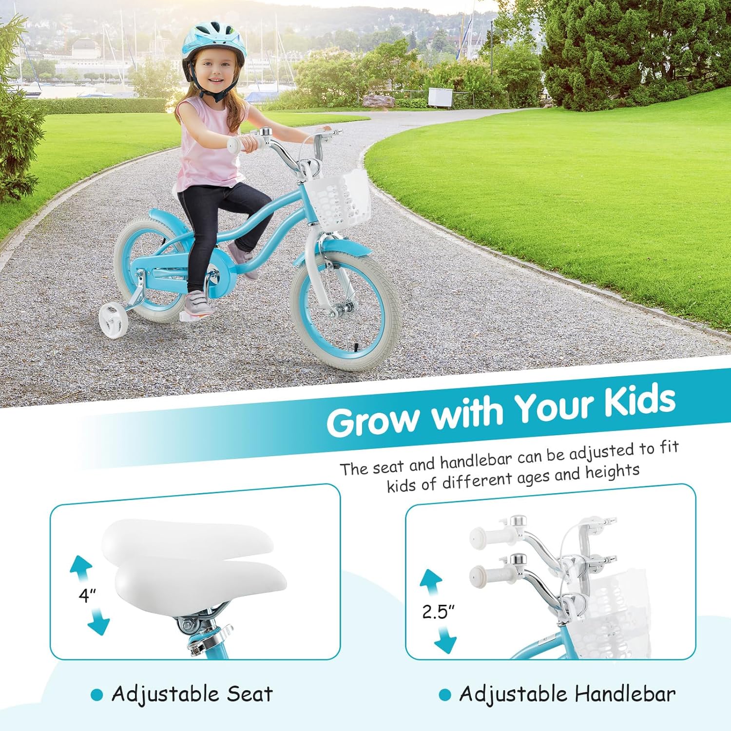 HONEY JOY Kids Bike, 12 14 16 18 20 Inch Toddler Bikes w/Training Wheels, Handbrake & Coaster Brake, Fully Enclosed Chain, Adjustable Handlebar & Seat, Kids Bicycle w/Basket, Girls Boys Bike 3-8