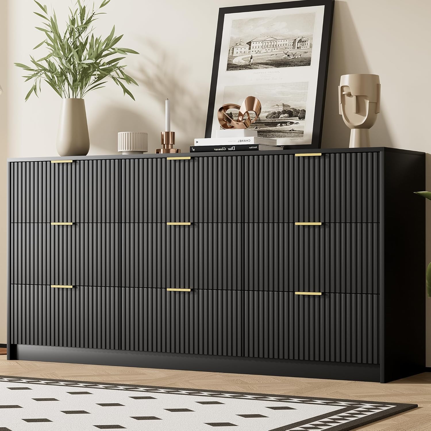 Black Dresser for Bedroom, Modern Dresser with 9 Drawers and Smooth Slides, Wide Chest of Drawers with Golden Handles for Bedroom, Living Room, Closet, 15.7
