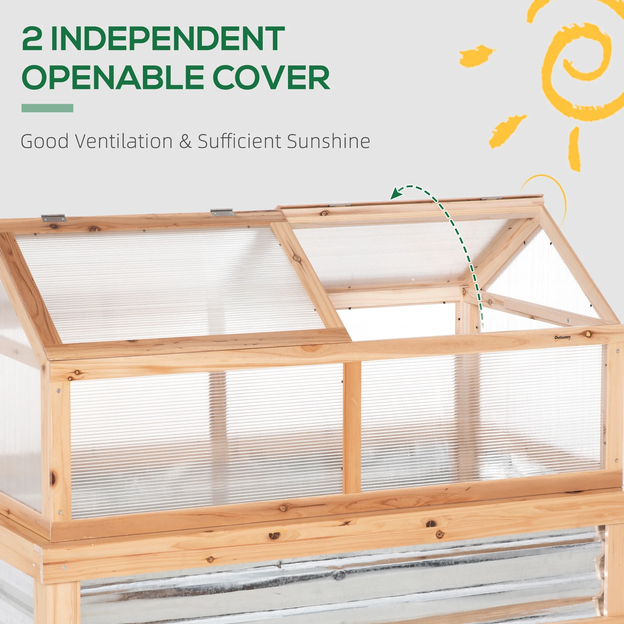 Outsunny Raised Garden Bed with Polycarbonate Greenhouse, Wooden Garden Cold Frame Greenhouse, Flower Planter Protection, 48" x 24" x 32", Natural - Image 8