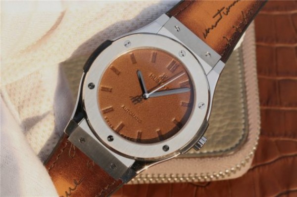 Replica Hublot Classic Fusion 45mm SS Berluti Scritto Brown Leather Dial Gummy Strap A2892 - Elite Watch Atelier