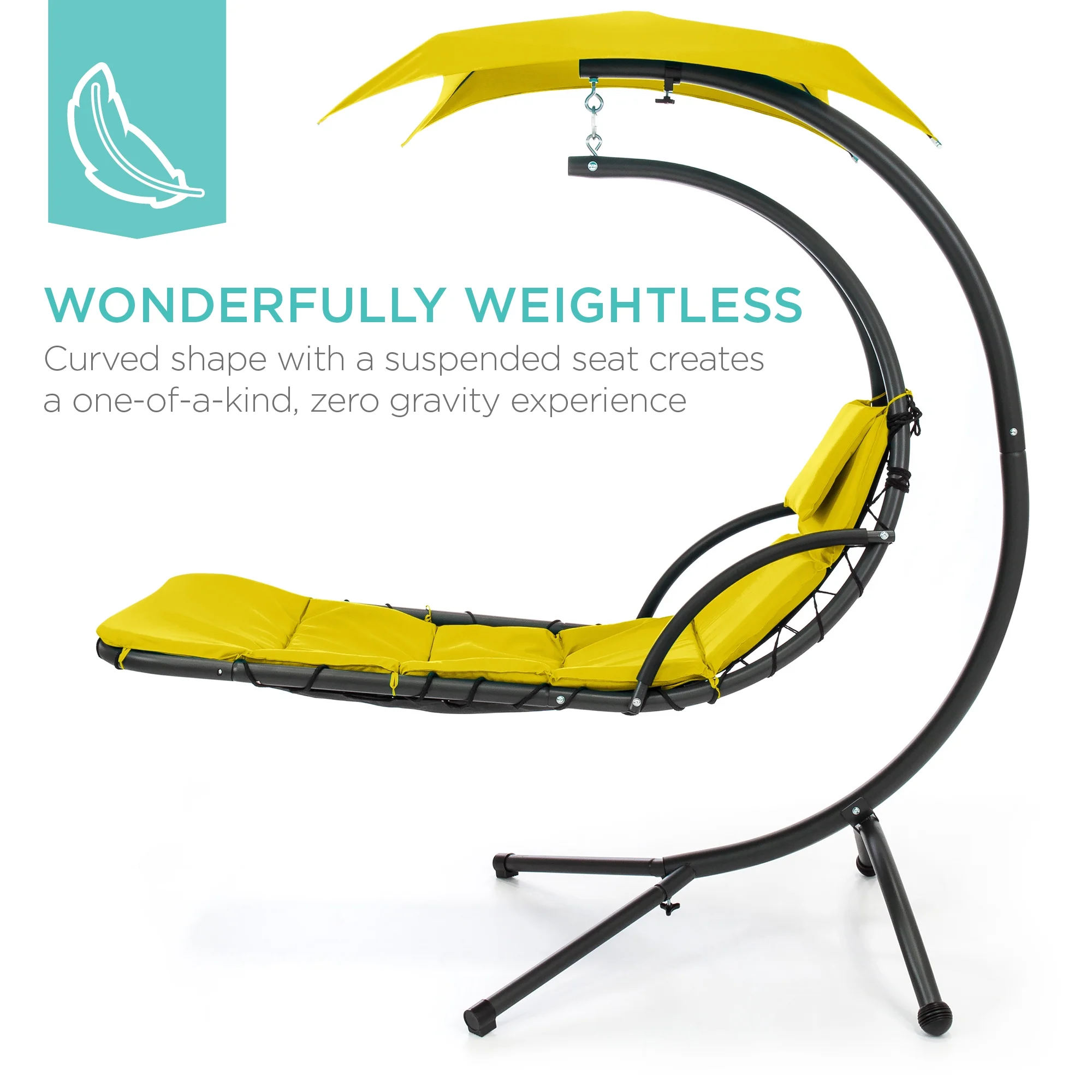 Best Choice Products Hanging Curved Chaise Lounge Chair Swing for Backyard, Patio w/ Pillow, Shade, Stand - Teal - Image 106