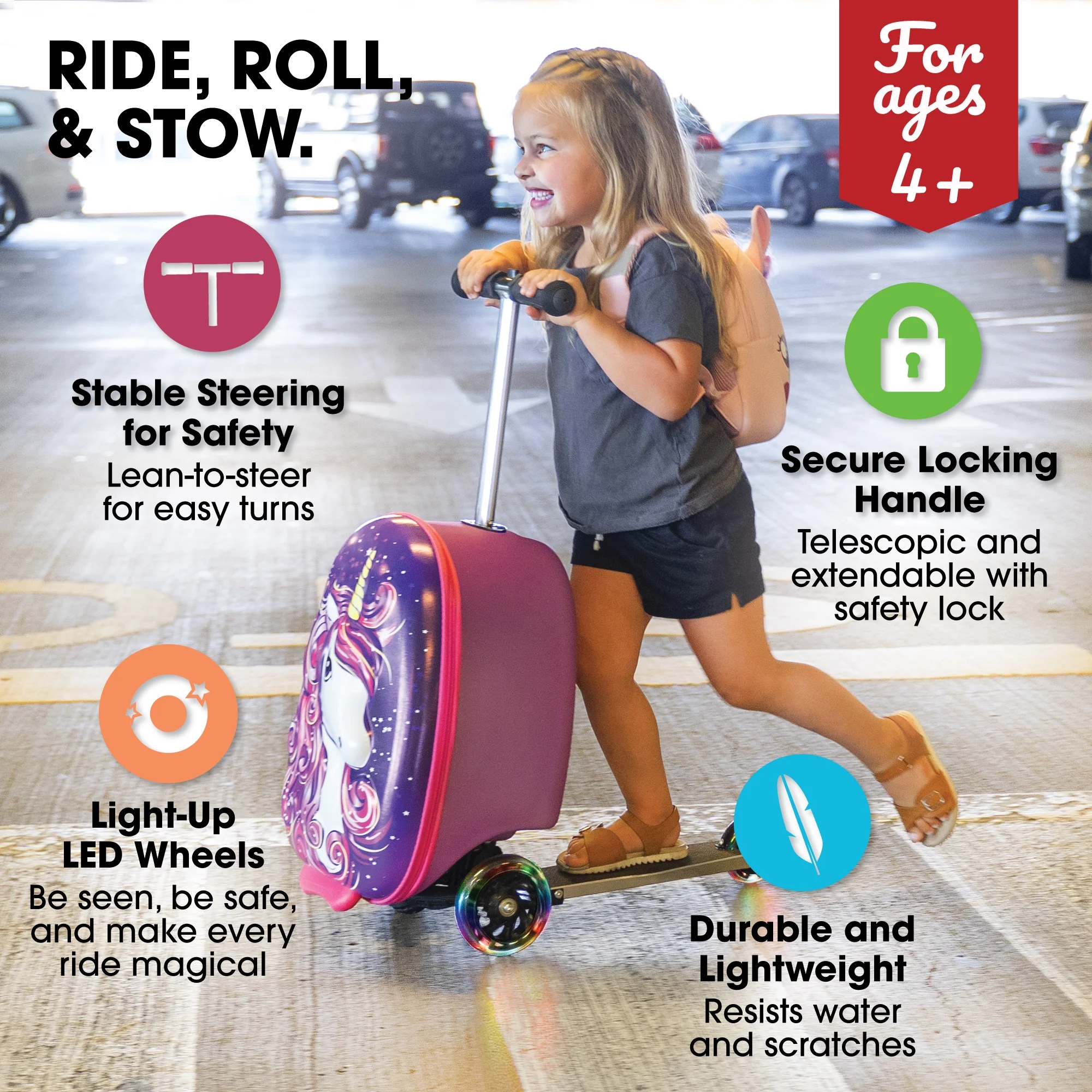 Kiddietotes Kid's Hard Shell Scooter Ride On Suitcase, Pink - Image 18