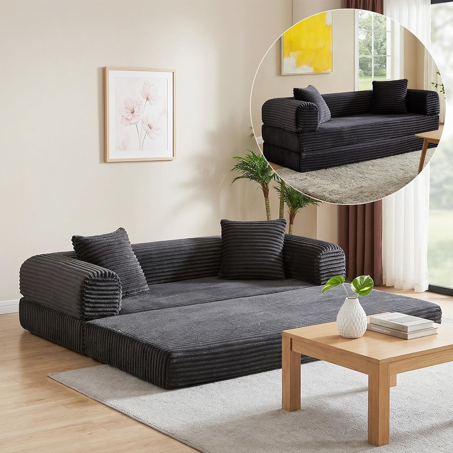 78 Inch Convertible Futon Sofa Bed,Folding Boneless Couches with Sleeper Sofa,Fold Out Floor Sofa Couch with Deep Seat,Cloud Corduroy Foldable Mattress Couch for Living Room (Dark Grey)