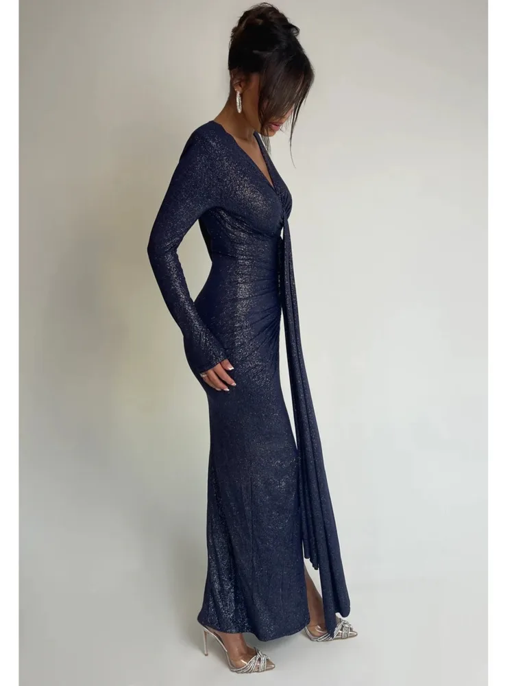 Elegant Long Sleeved Lace Up Pleated Evening Dress For Women Vneck Bodycon Elastic Maxi Dress Female Party Club Vestidos - AZJHJ