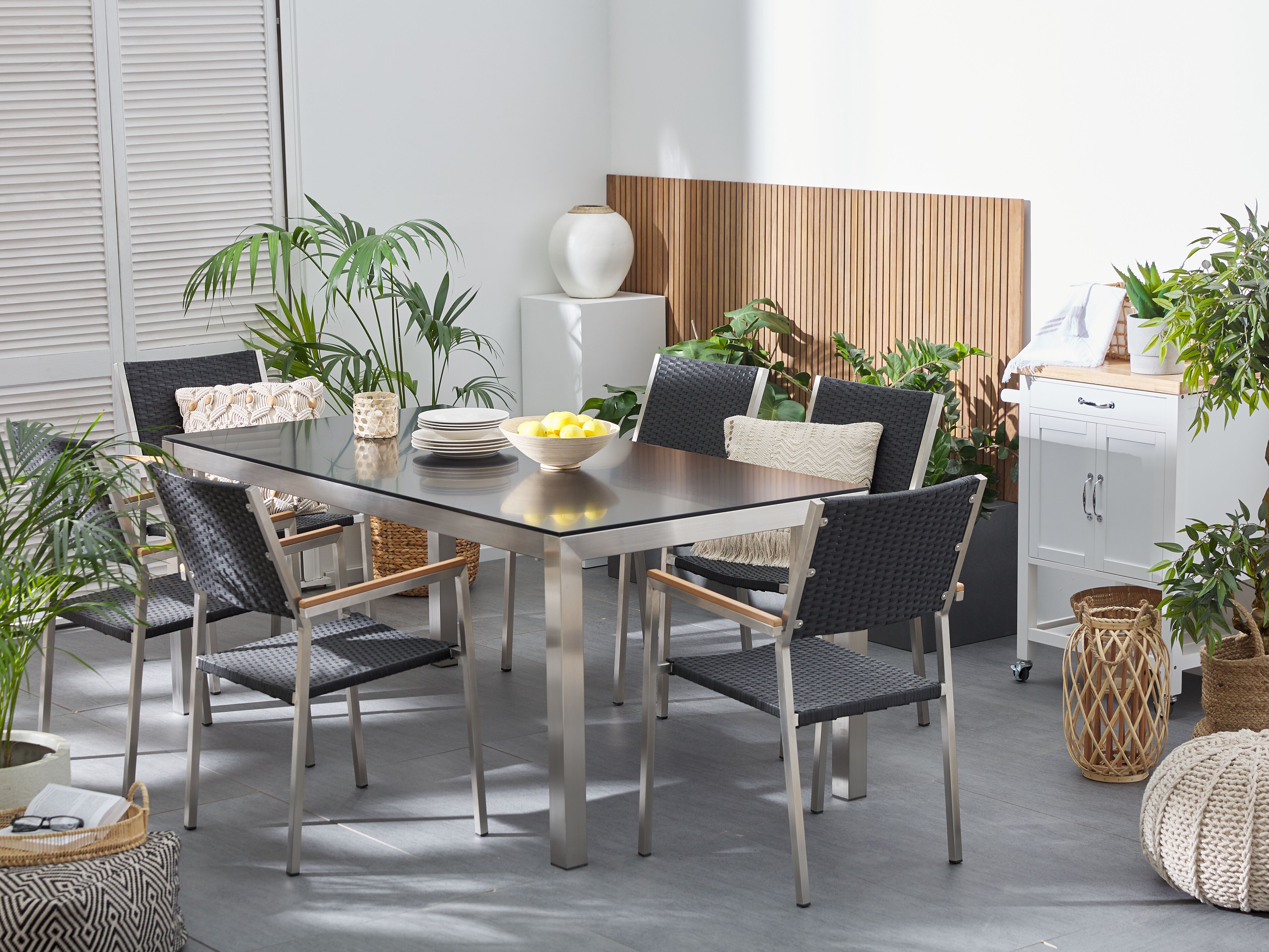 Garden Dining Set 6 Seater GROSSETO Tempered Glass Black