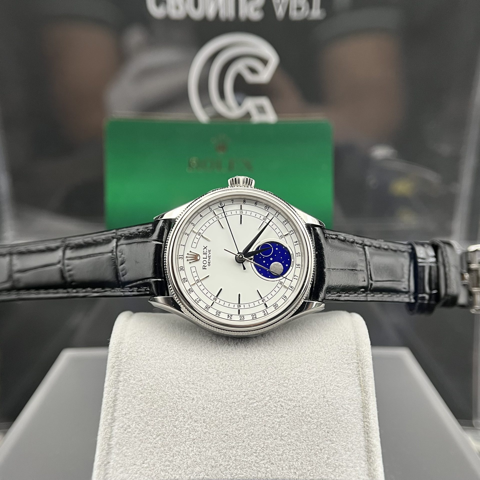 Rolex Moonphase 50535 Replica Watch Black Leather Strap 39mm - Elite Watch Atelier