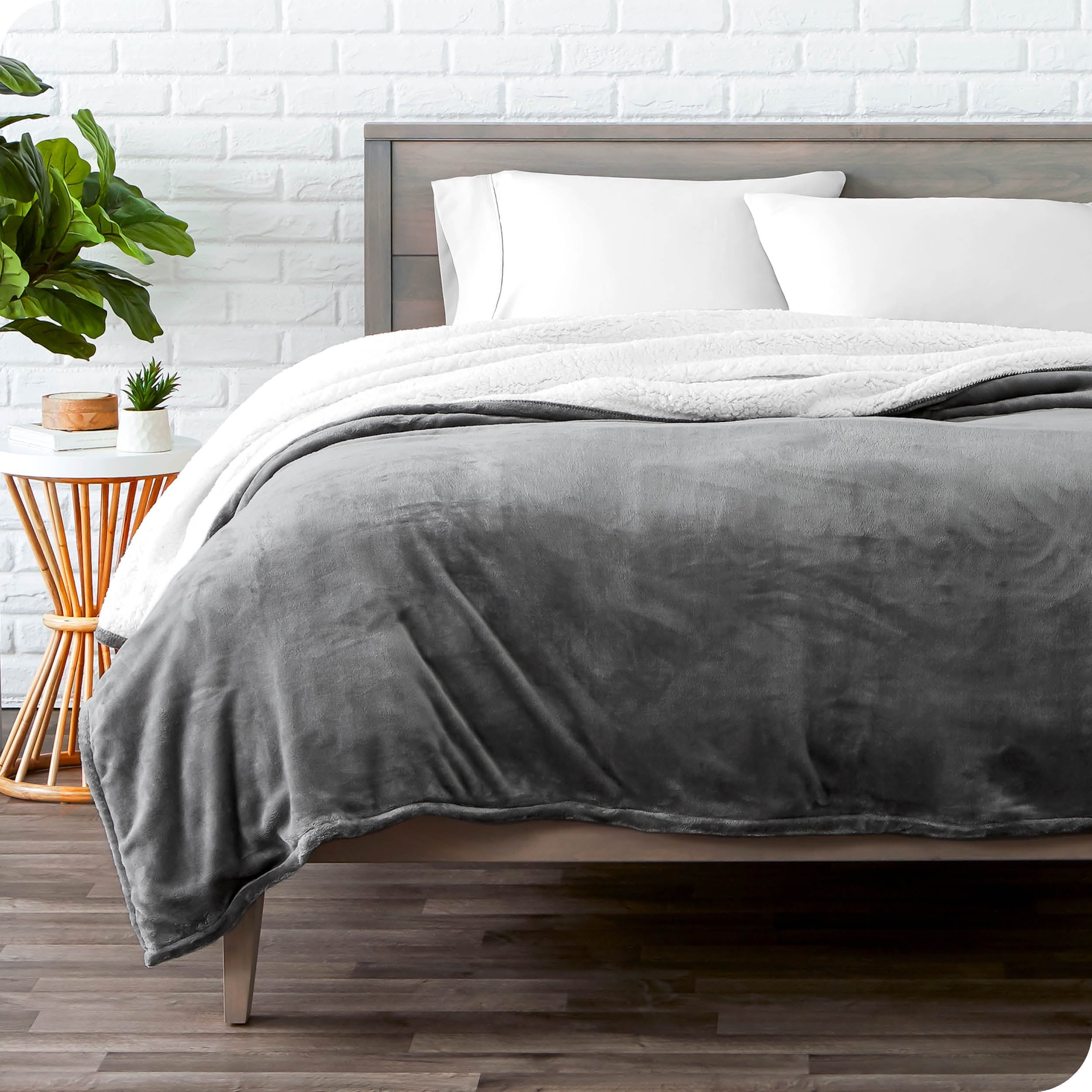 Bare Home Plush Sherpa Bed Blanket - Fluffy & Soft - Reversible - Lightweight - Full/Queen, Gray